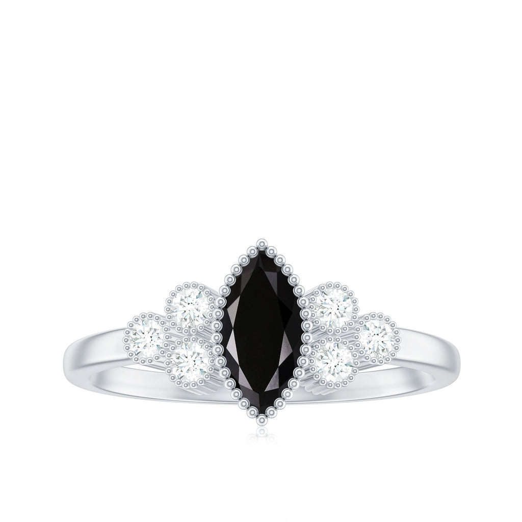 Natural Marquise Black Spinel Engagement Ring with Diamond Trio