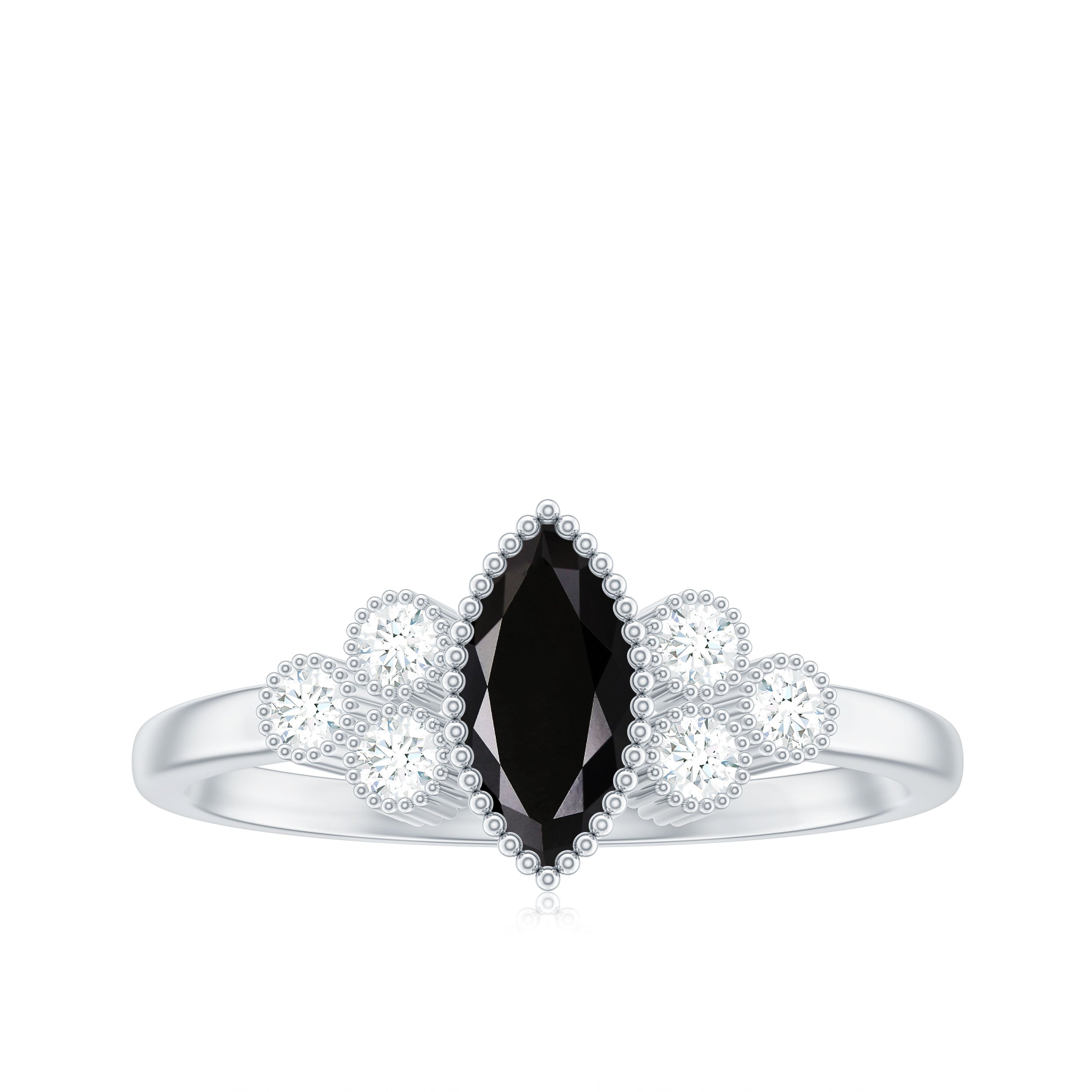 Natural Marquise Black Spinel Engagement Ring with Diamond Trio