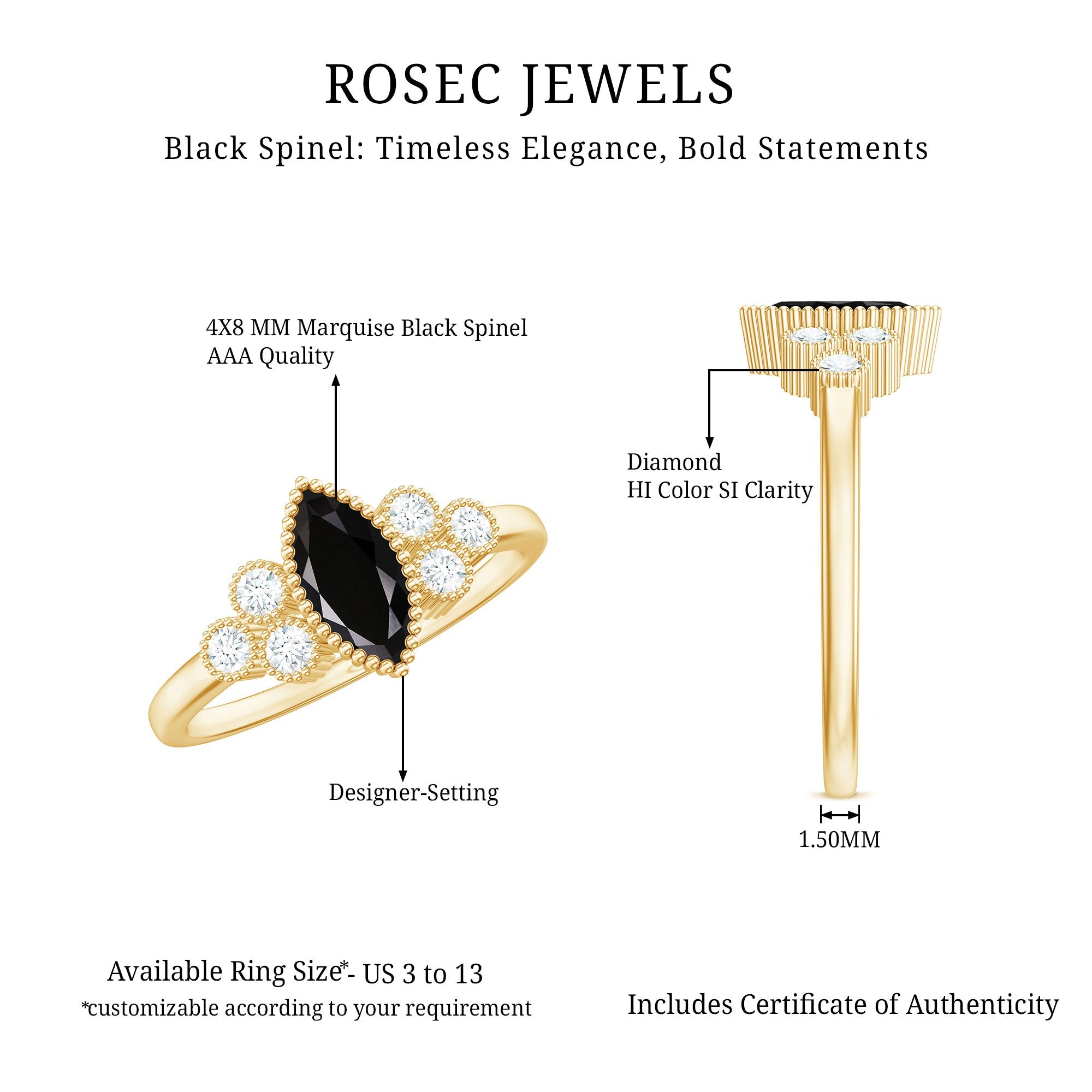 Natural Marquise Black Spinel Engagement Ring with Diamond Trio