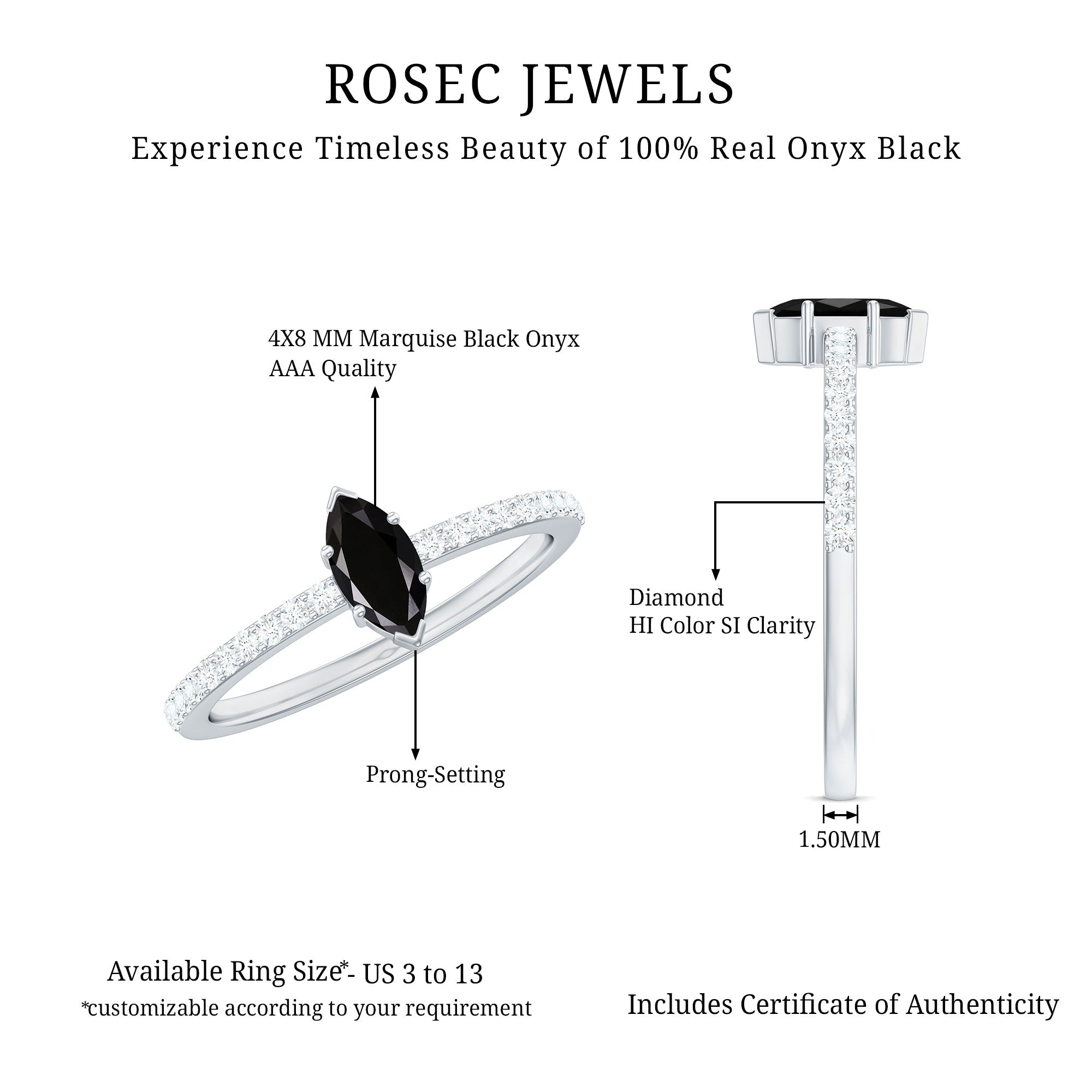 0.7 Carat Marquise Cut Black Onyx Minimal Promise Ring with Diamond