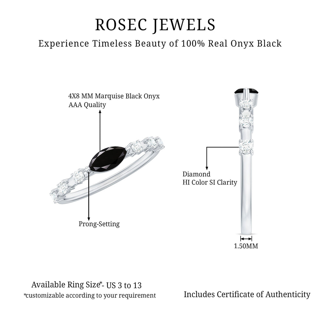 0.7 Carat Marquise Cut Black Onyx Minimal East West Ring with Diamond