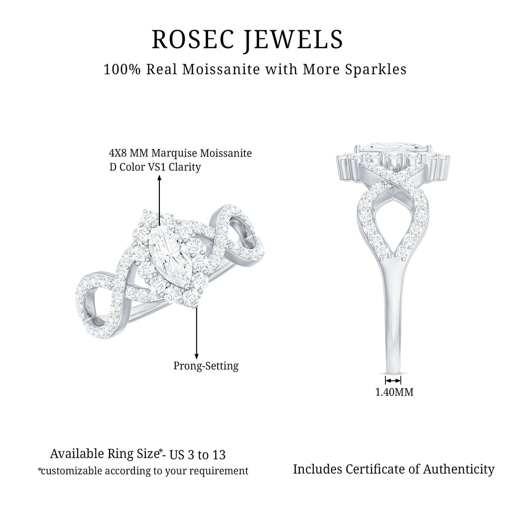 Marquise Moissanite Criss Cross Engagement Ring with Halo