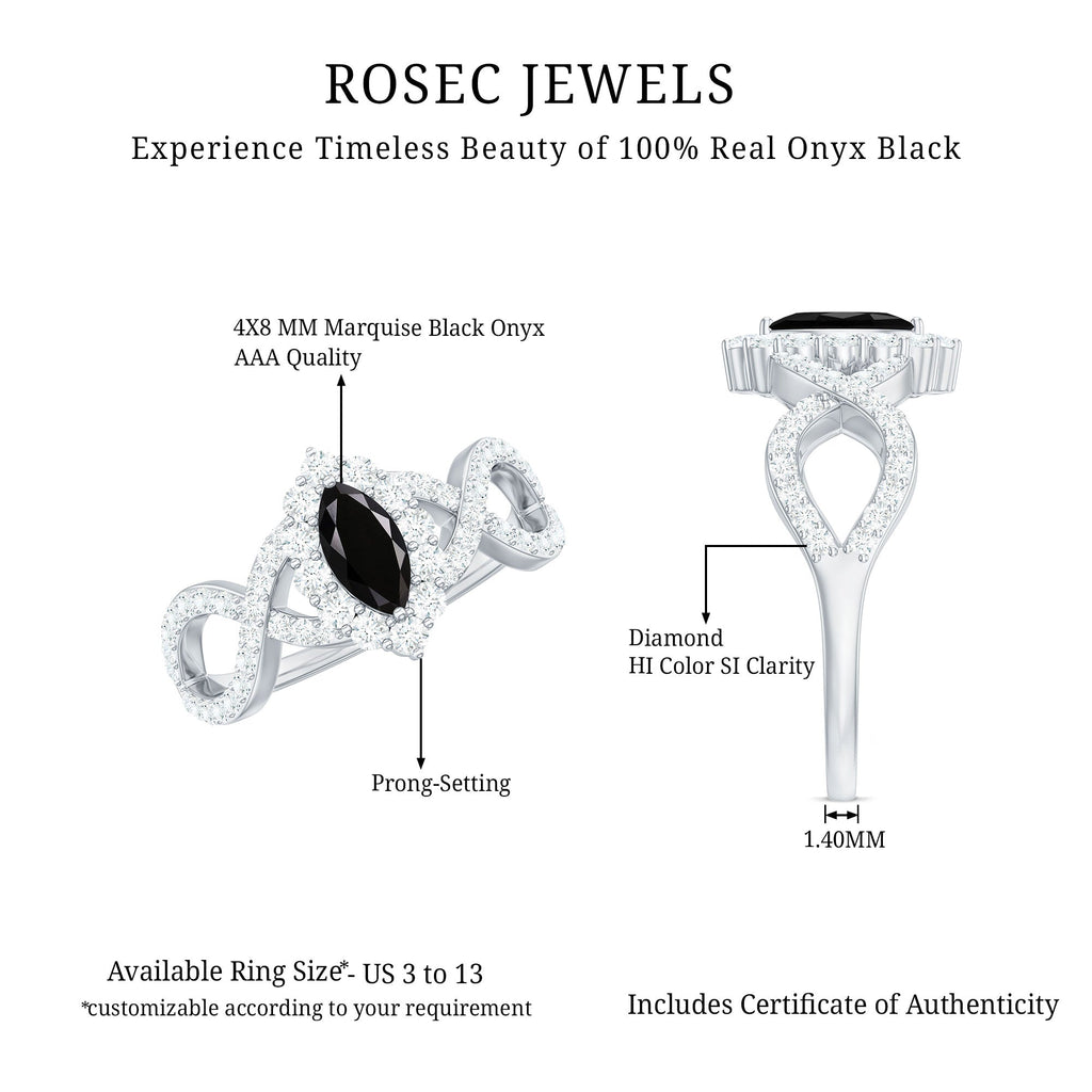 0.7 Carat Marquise Cut Black Onyx Statement Engagement Ring with Diamond Halo