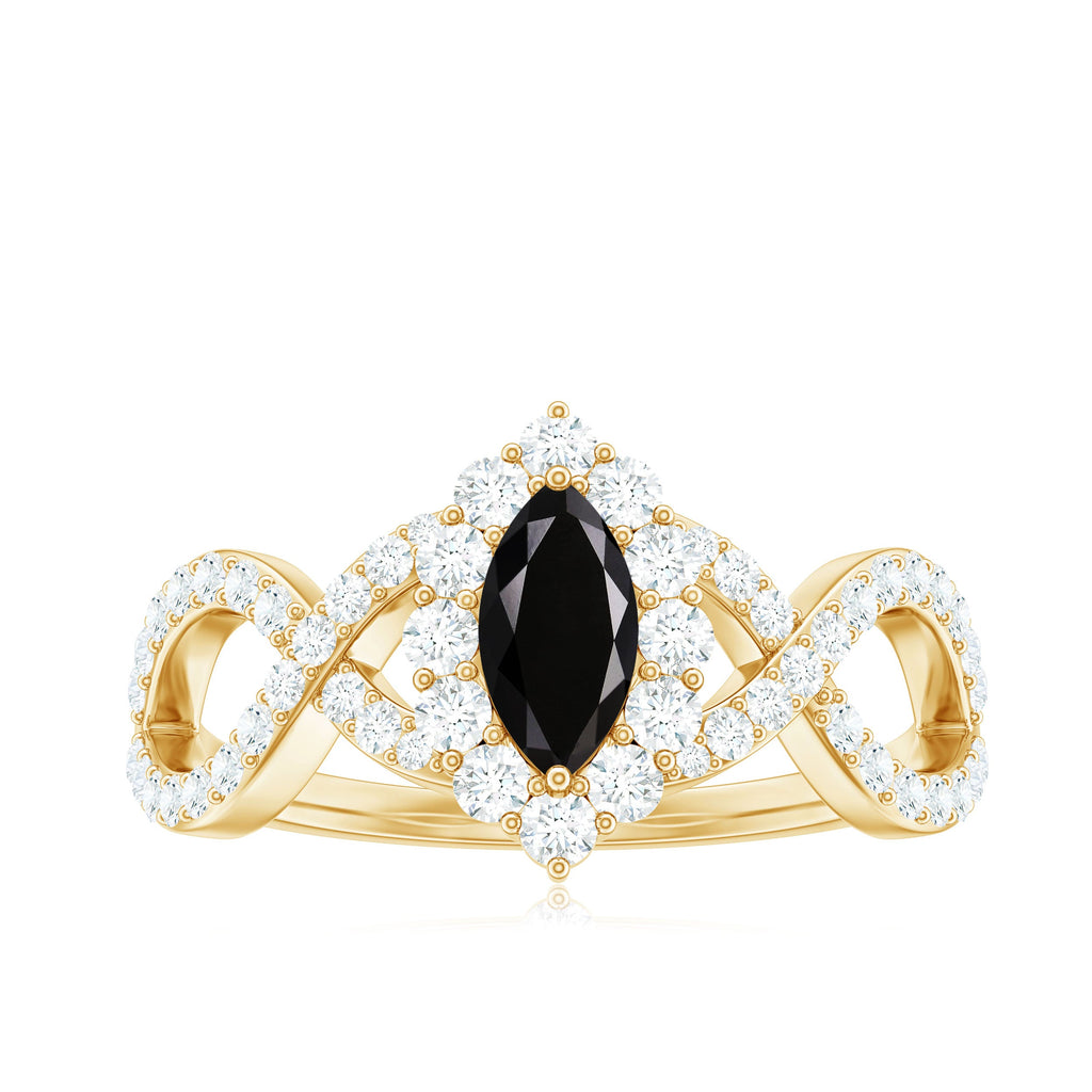 0.7 Carat Marquise Cut Black Onyx Statement Engagement Ring with Diamond Halo