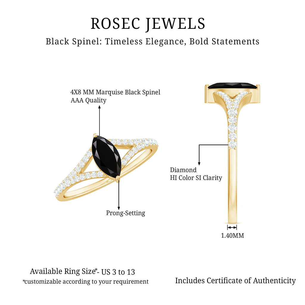 Minimal Black Spinel Marquise Engagement Ring with Diamond Split Shank