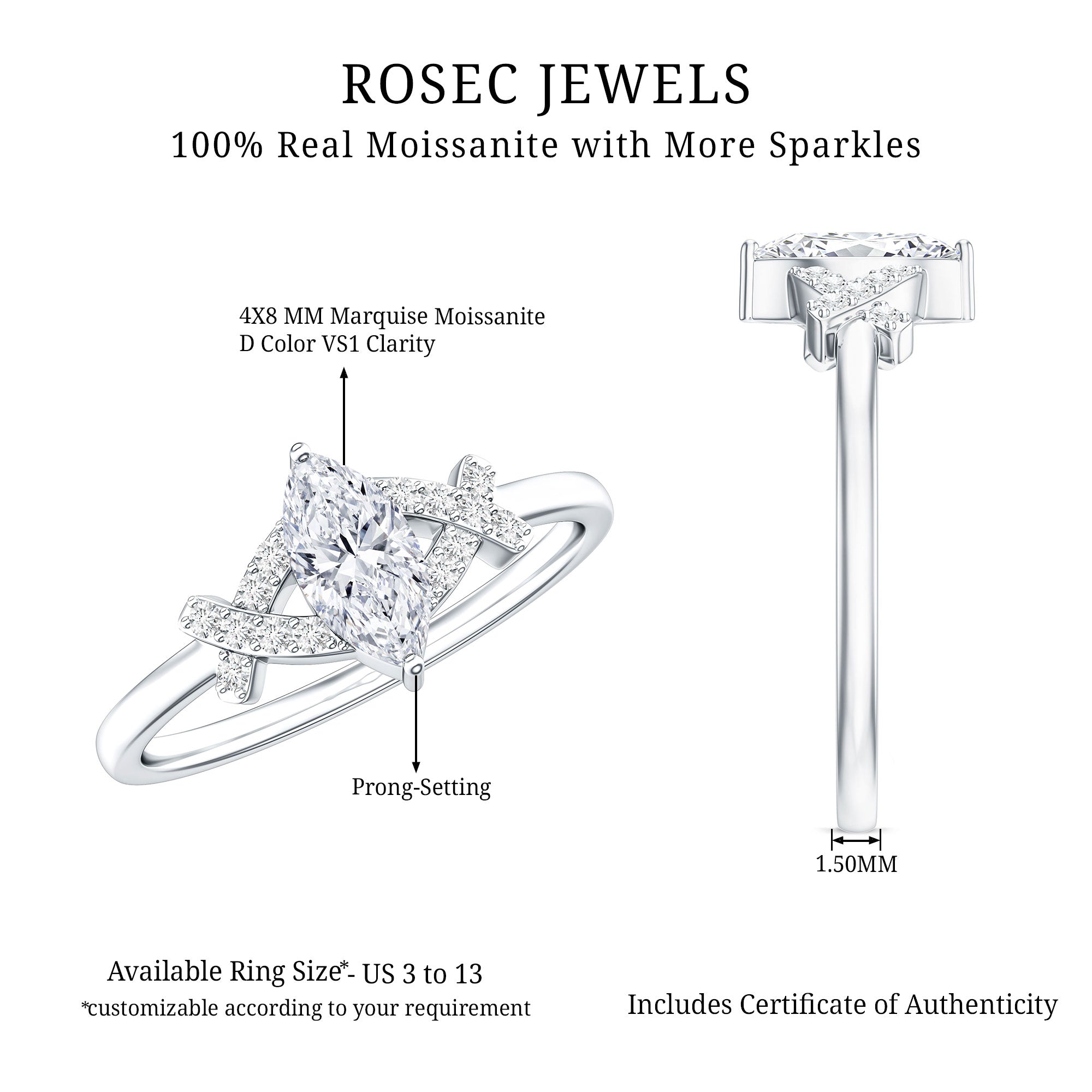 Certified Moissanite Marquise Engagement Ring for Women