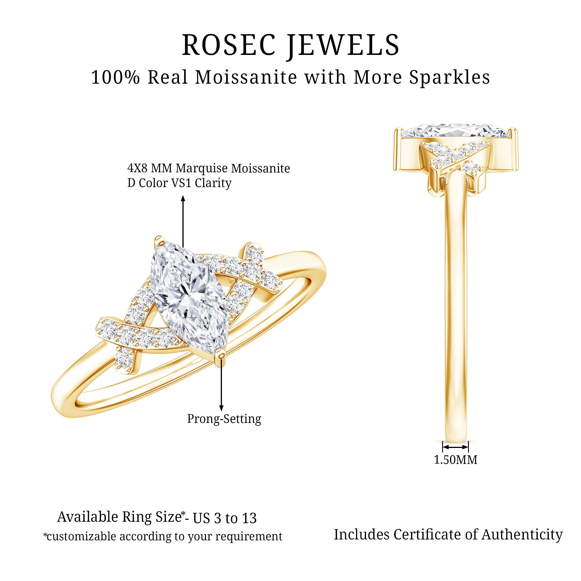Certified Moissanite Marquise Engagement Ring for Women