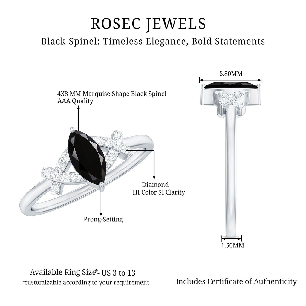 Natural Black Spinel Marquise Engagement Ring with Diamond