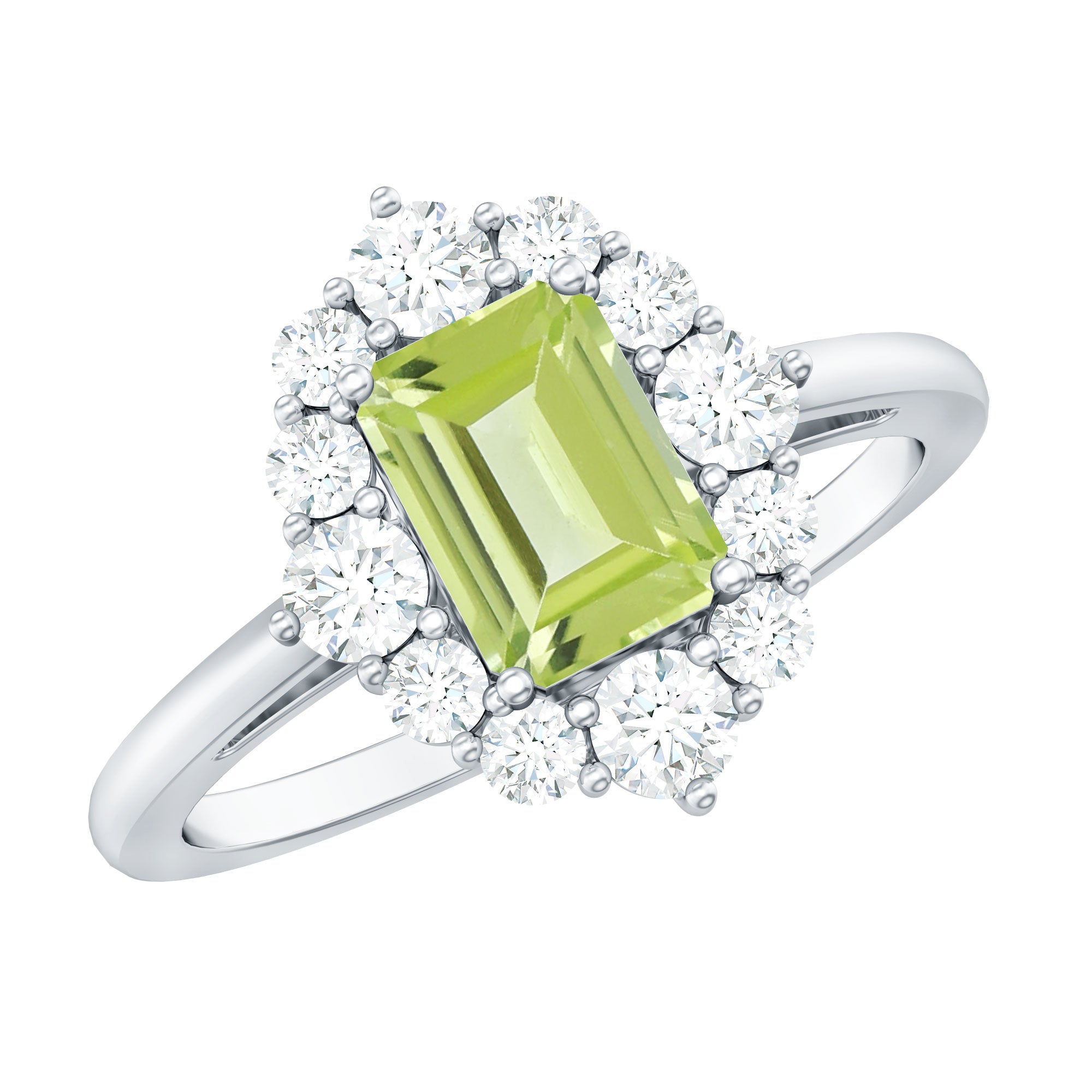 Natural 1.8 Carat Peridot Emerald Cut Engagement Ring with Diamond Halo