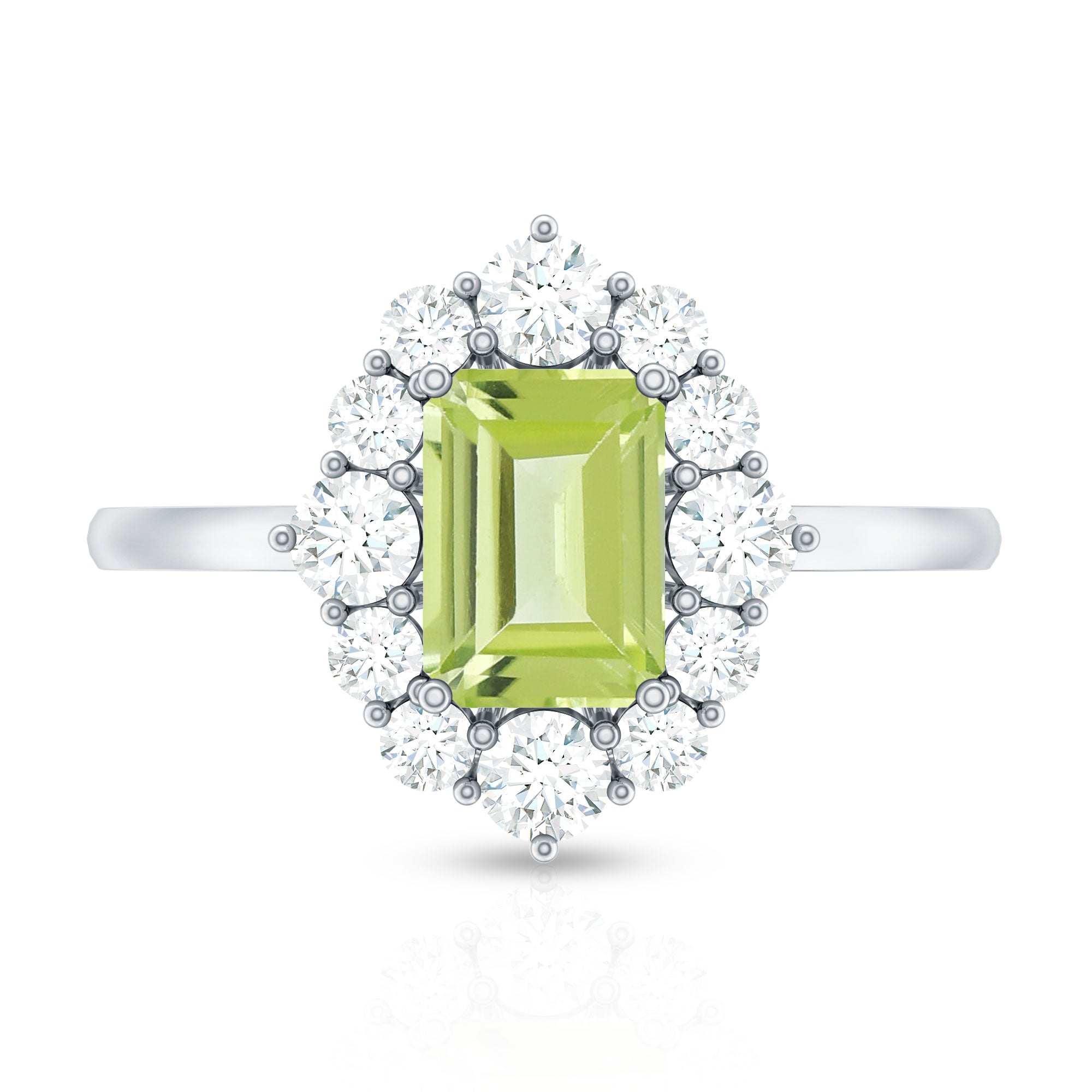 Natural 1.8 Carat Peridot Emerald Cut Engagement Ring with Diamond Halo