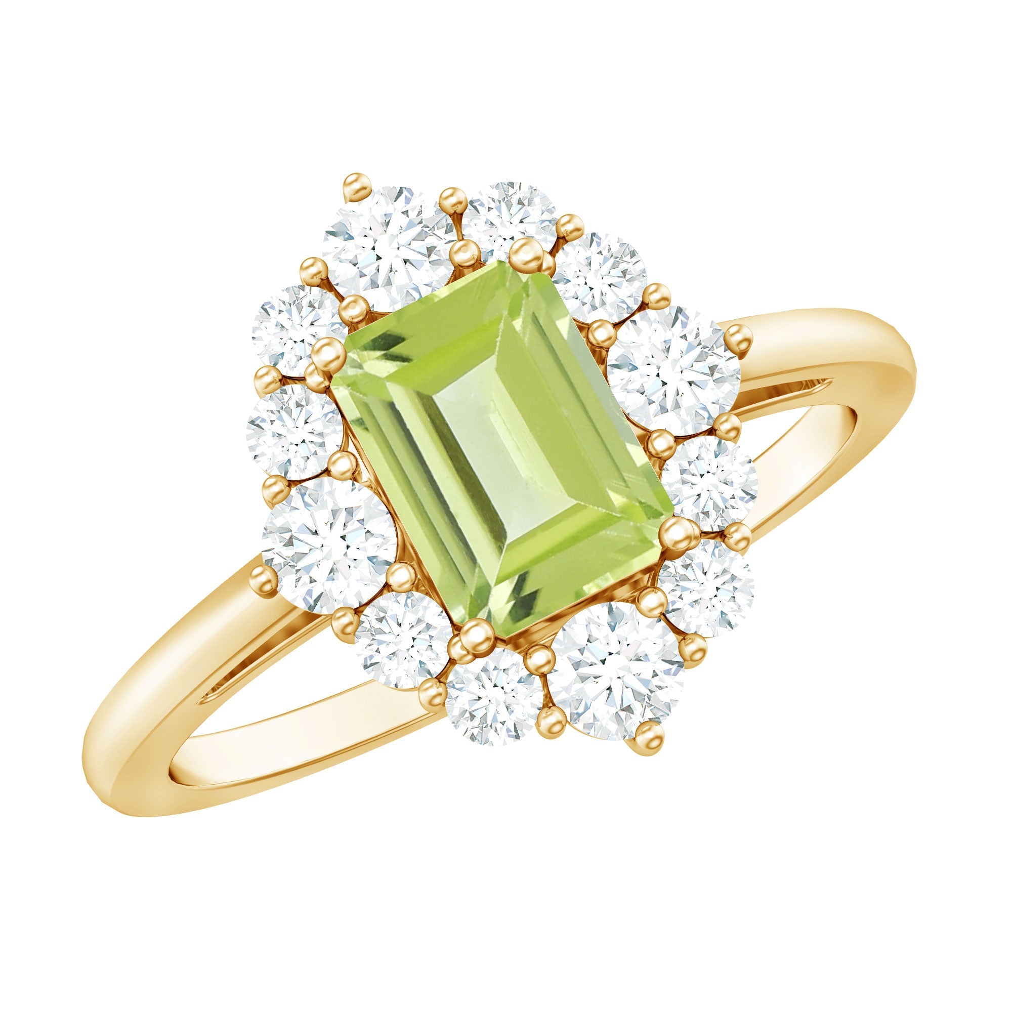 Natural 1.8 Carat Peridot Emerald Cut Engagement Ring with Diamond Halo | Rings | Wiccan Center