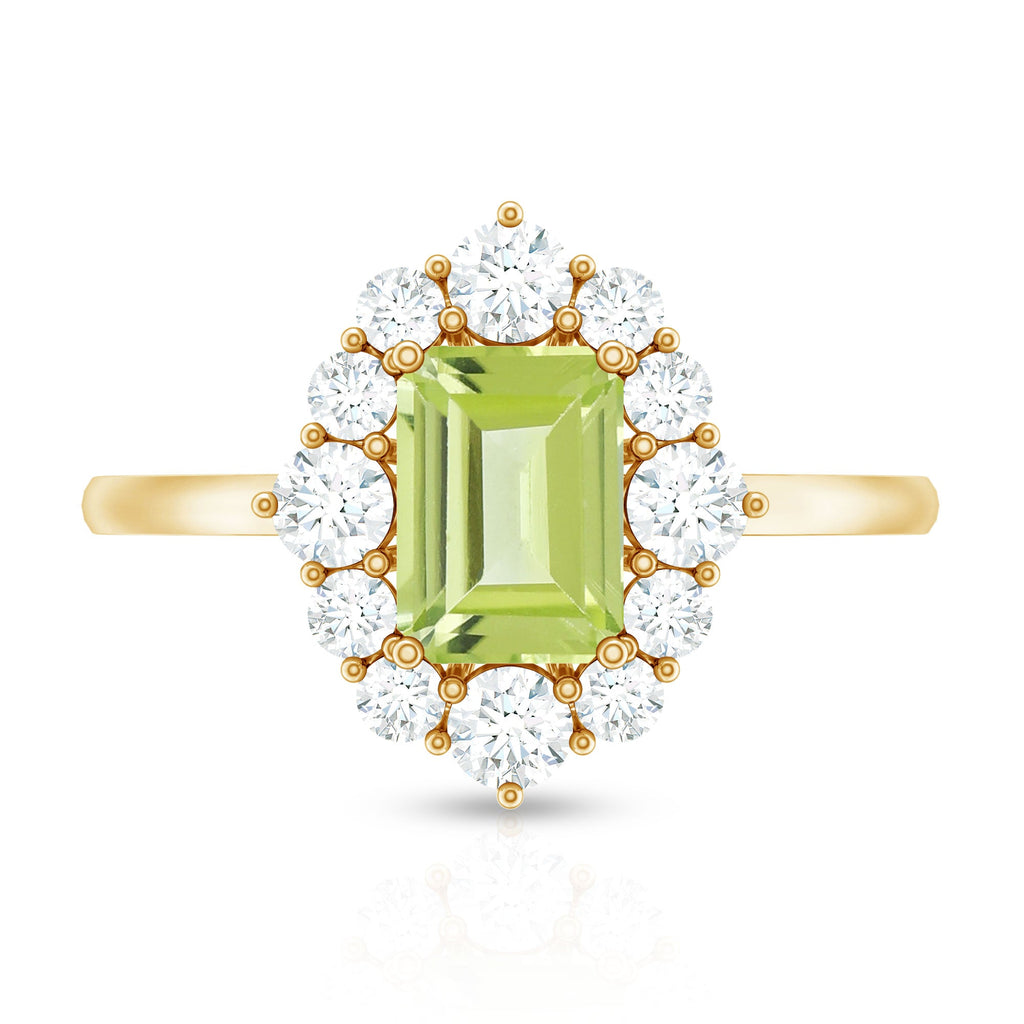Natural 1.8 Carat Peridot Emerald Cut Engagement Ring with Diamond Halo
