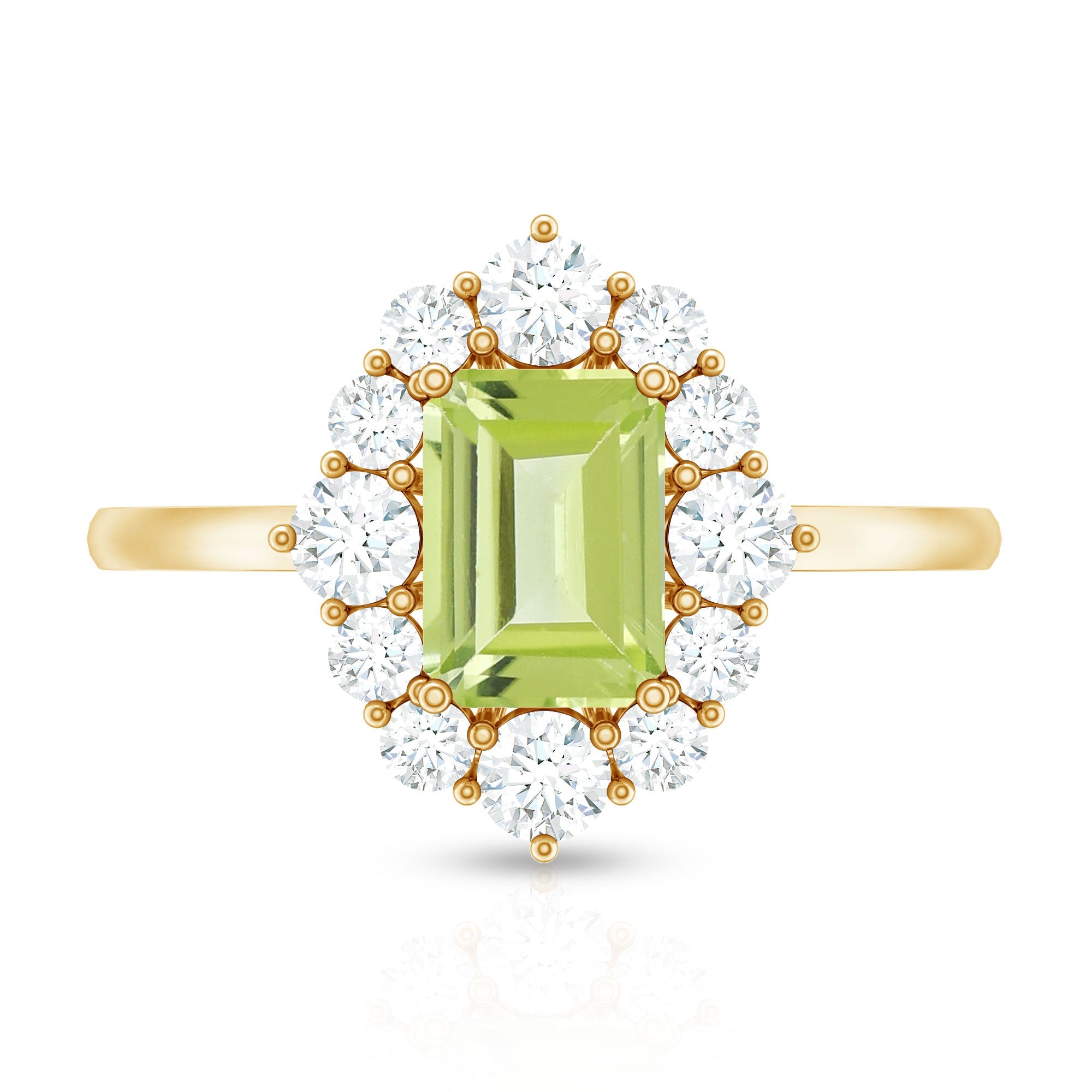Natural 1.8 Carat Peridot Emerald Cut Engagement Ring with Diamond Halo