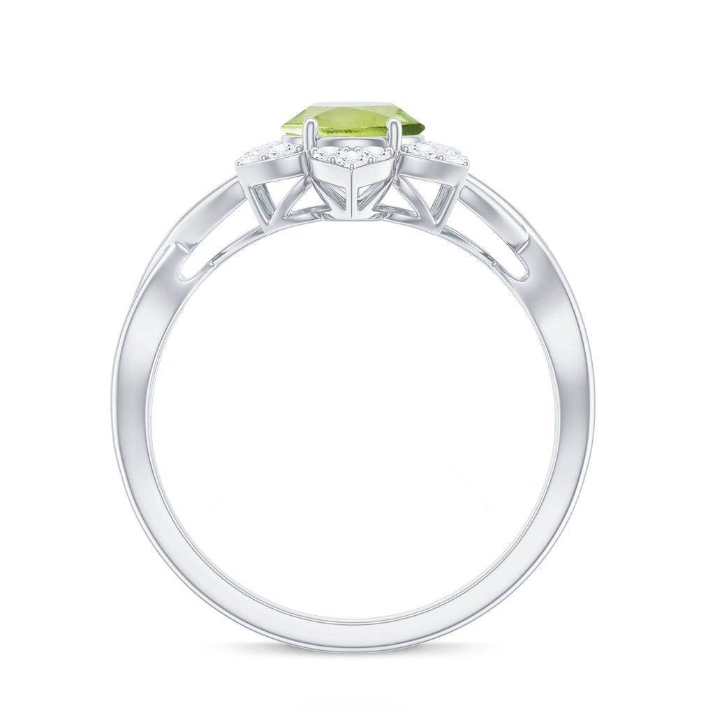Natural 1 Carat Oval Peridot Flower Engagement Ring with Diamond