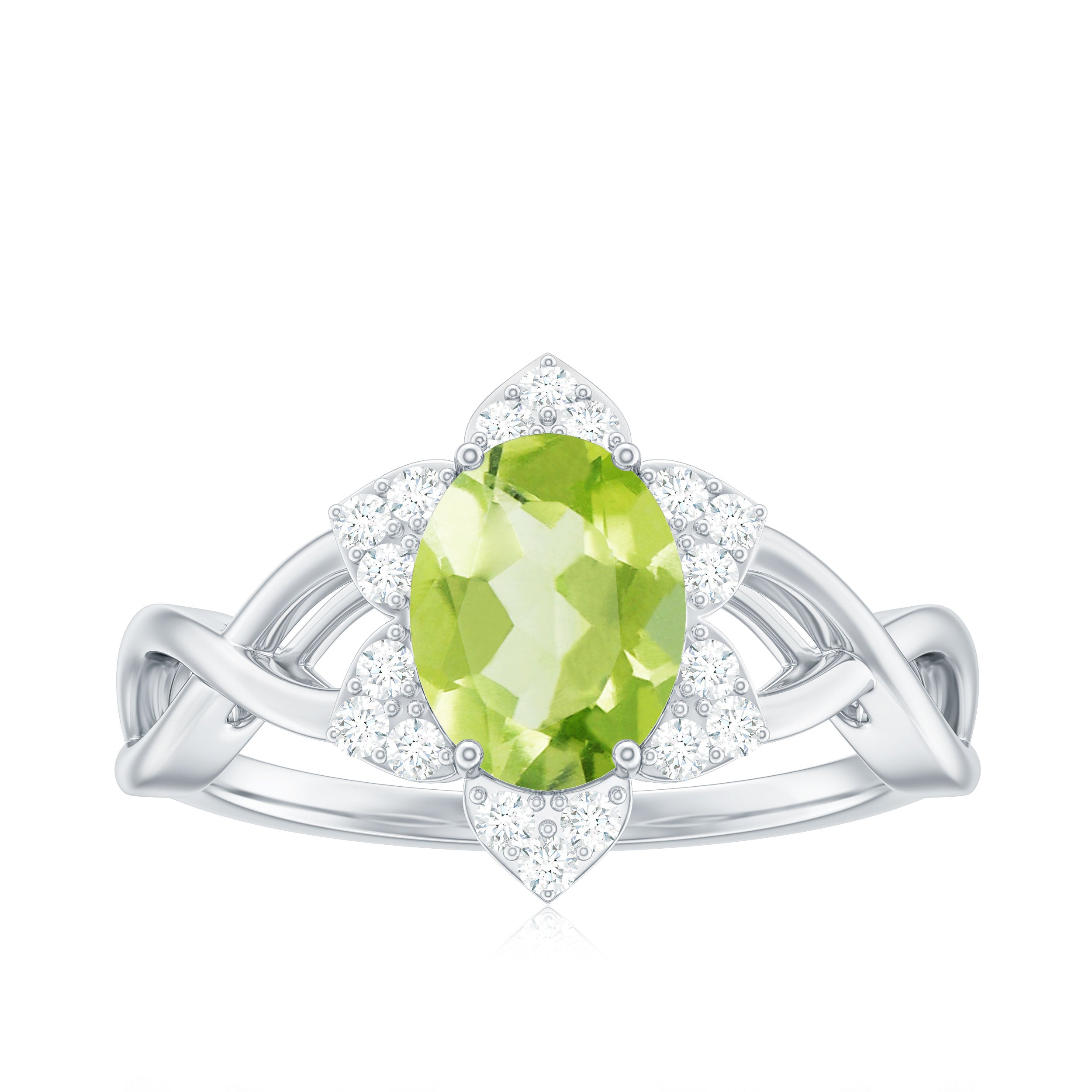 Natural 1 Carat Oval Peridot Flower Engagement Ring with Diamond