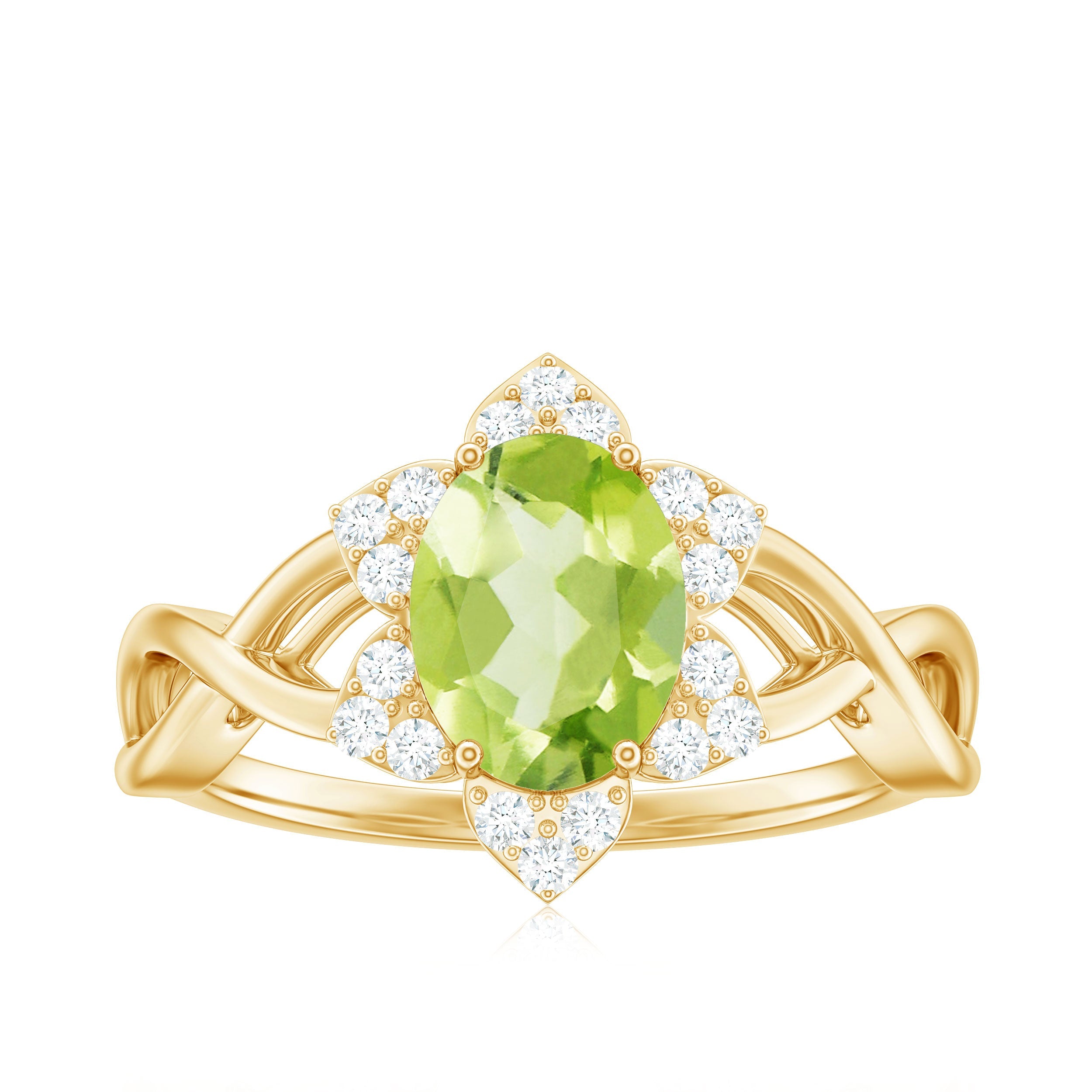Natural 1 Carat Oval Peridot Flower Engagement Ring with Diamond