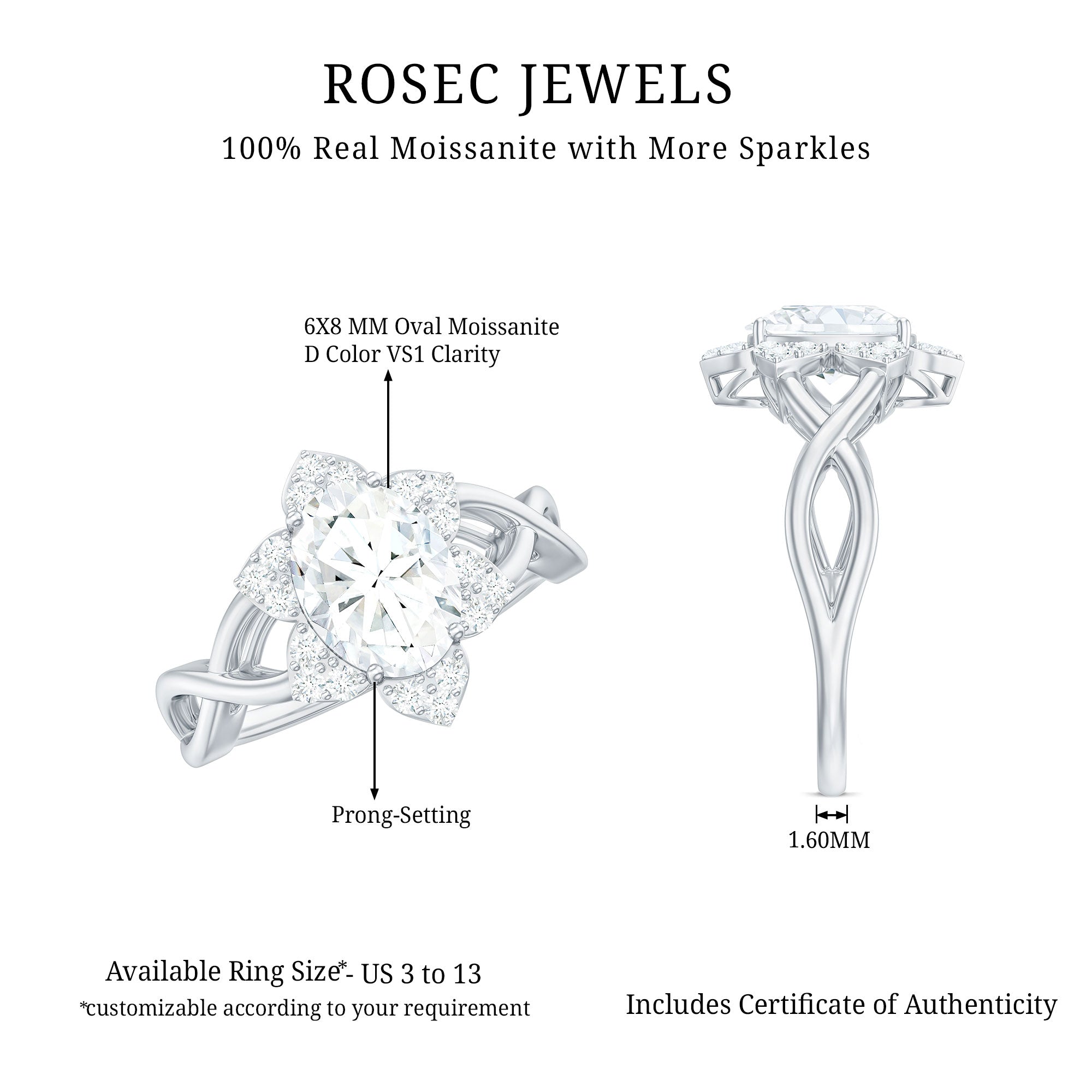 Certified Moissanite Flower Halo Engagement Ring with Criss Cross Band