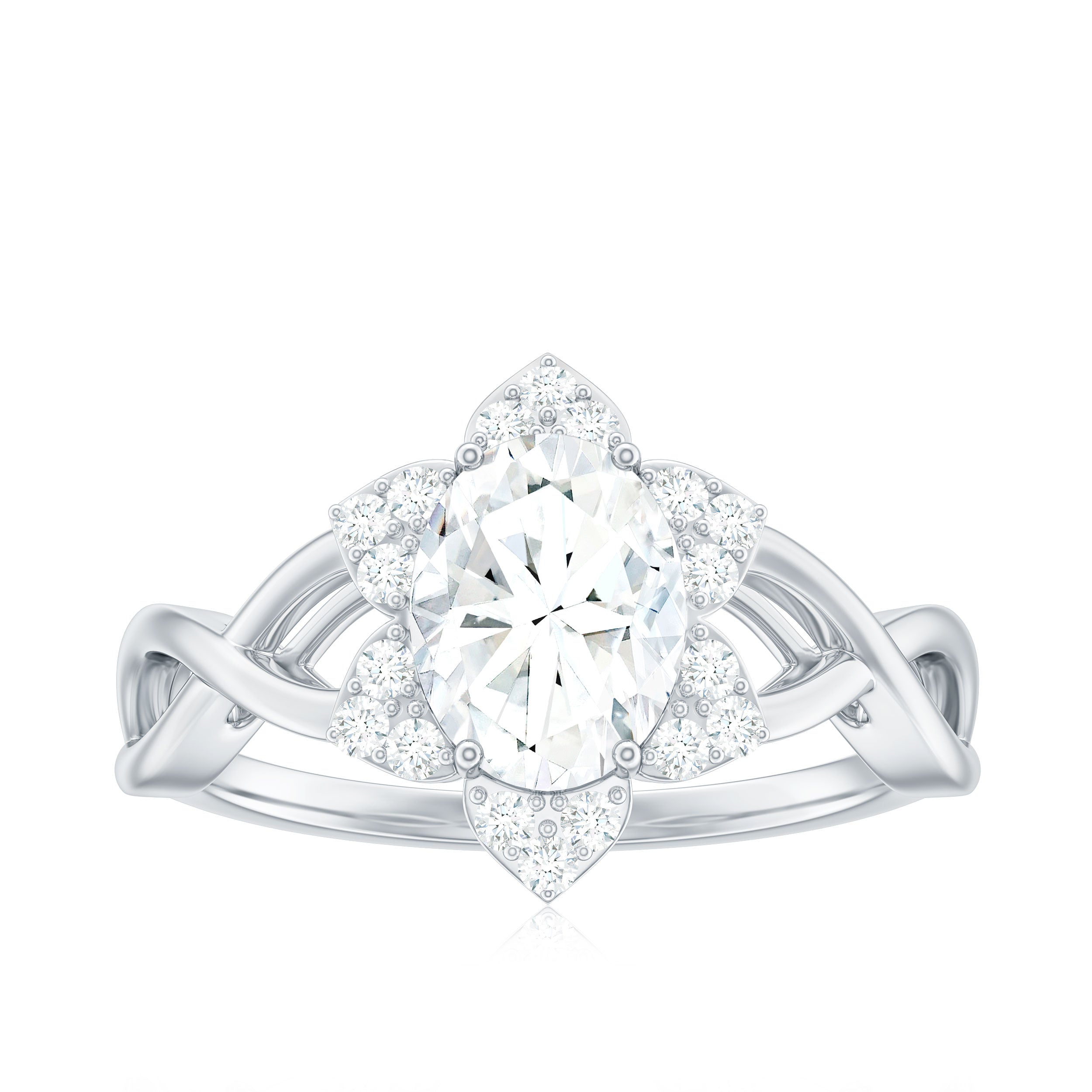 Certified Moissanite Flower Halo Engagement Ring with Criss Cross Band