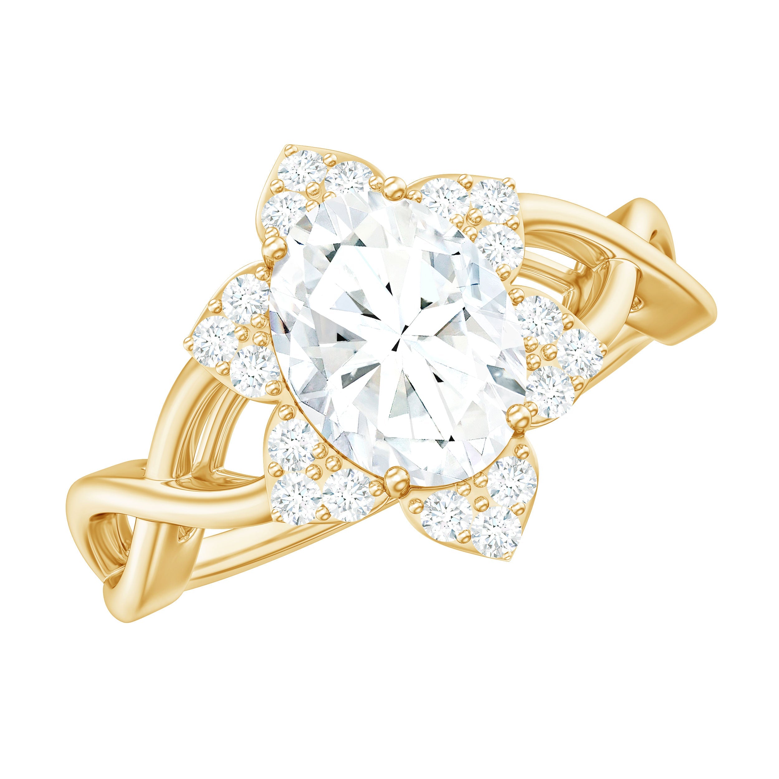 Certified Moissanite Flower Halo Engagement Ring with Criss Cross Band | Rings | Wiccan Center
