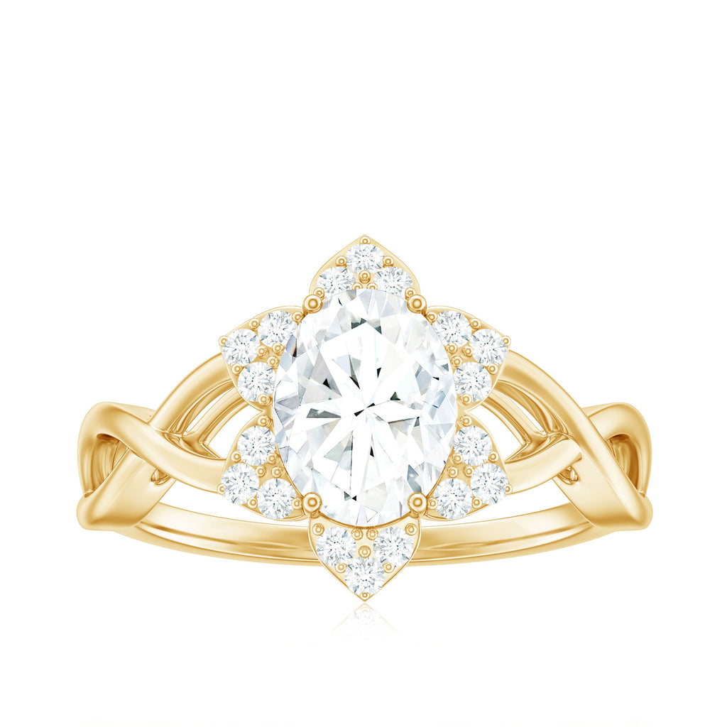 Certified Moissanite Flower Halo Engagement Ring with Criss Cross Band
