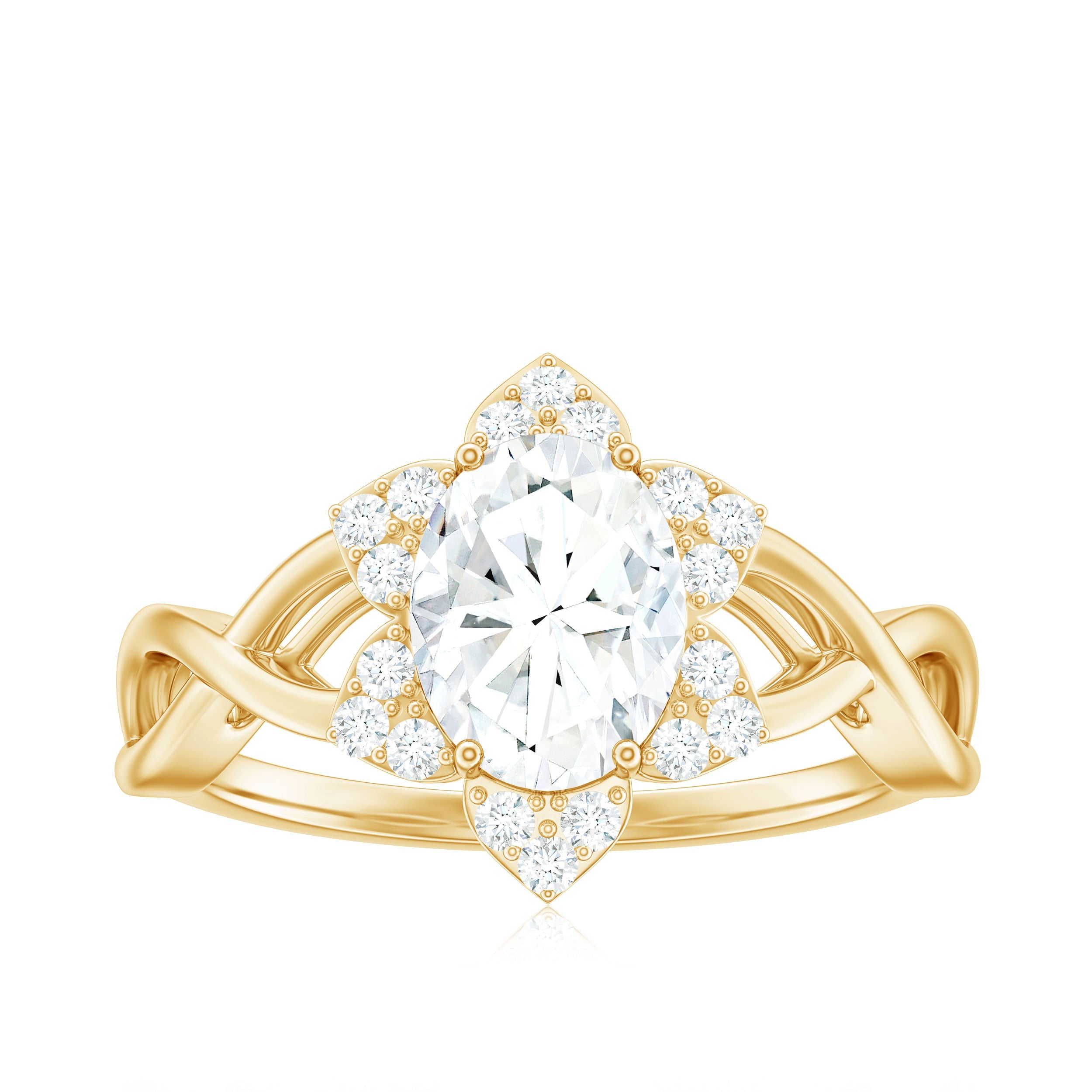 Certified Moissanite Flower Halo Engagement Ring with Criss Cross Band