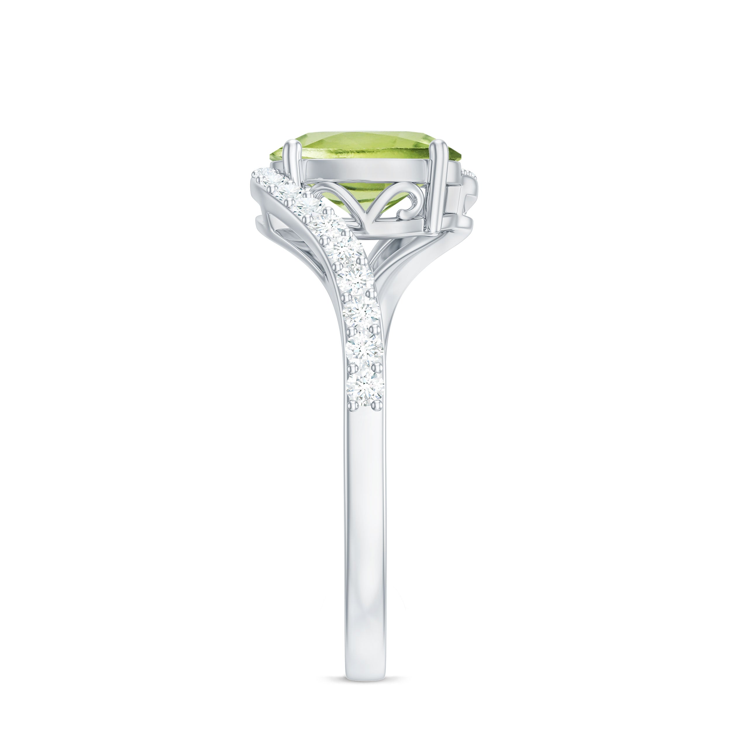 Natural 1 Carat Oval Peridot Engagement Ring with Diamond Bypass Shank