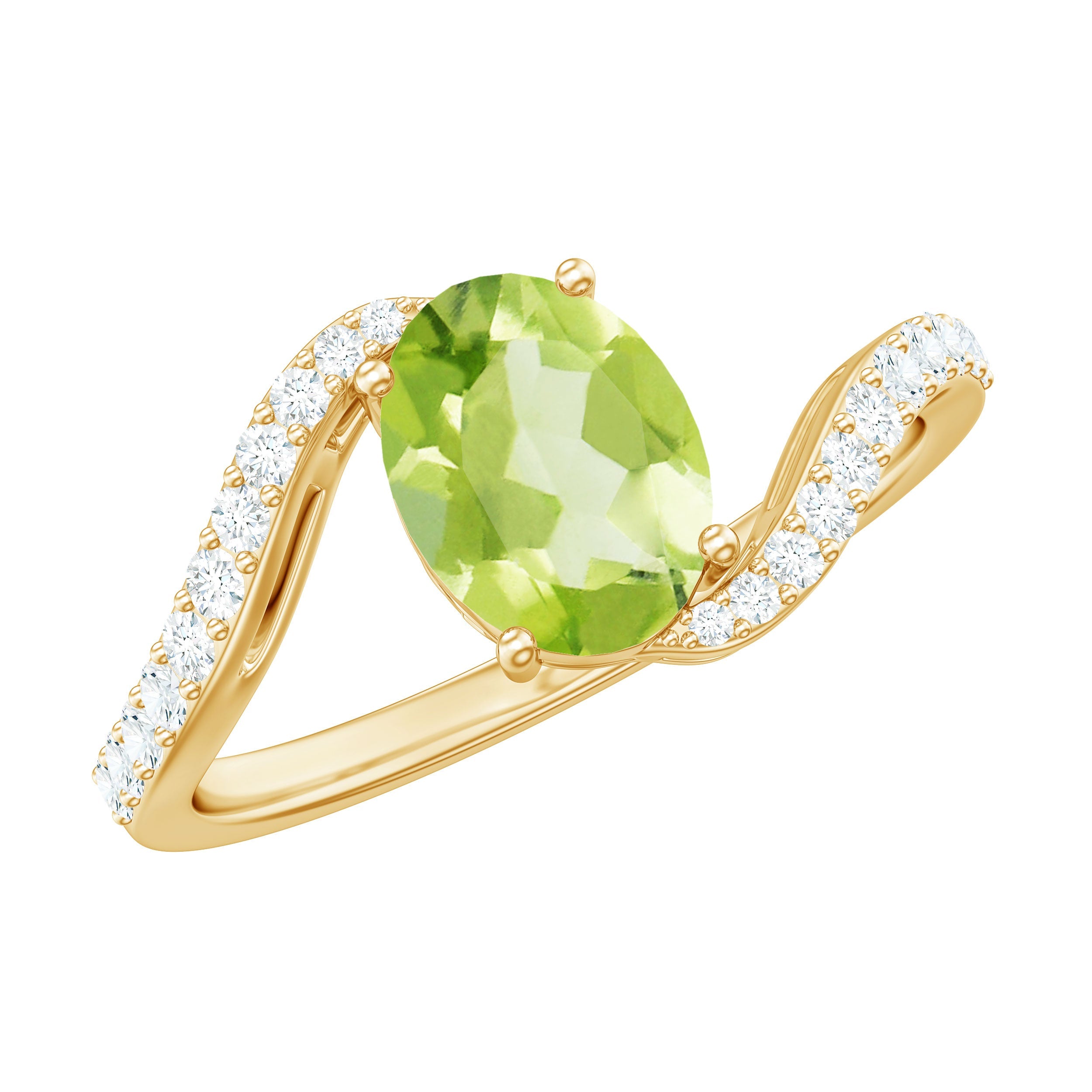 Natural 1 Carat Oval Peridot Engagement Ring with Diamond Bypass Shank | Rings | Wiccan Center