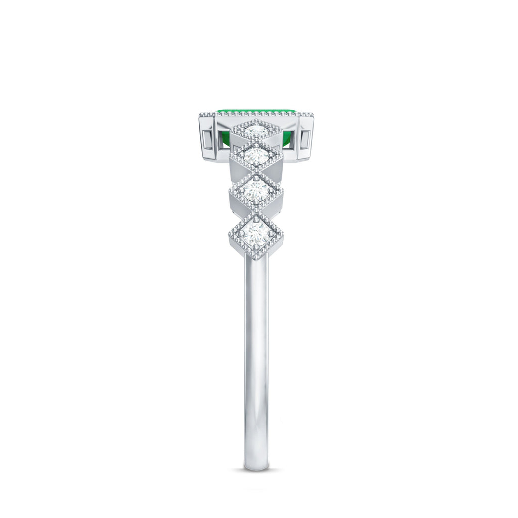 Vintage Looking Emerald Cut Emerald Engagement Ring with Diamond
