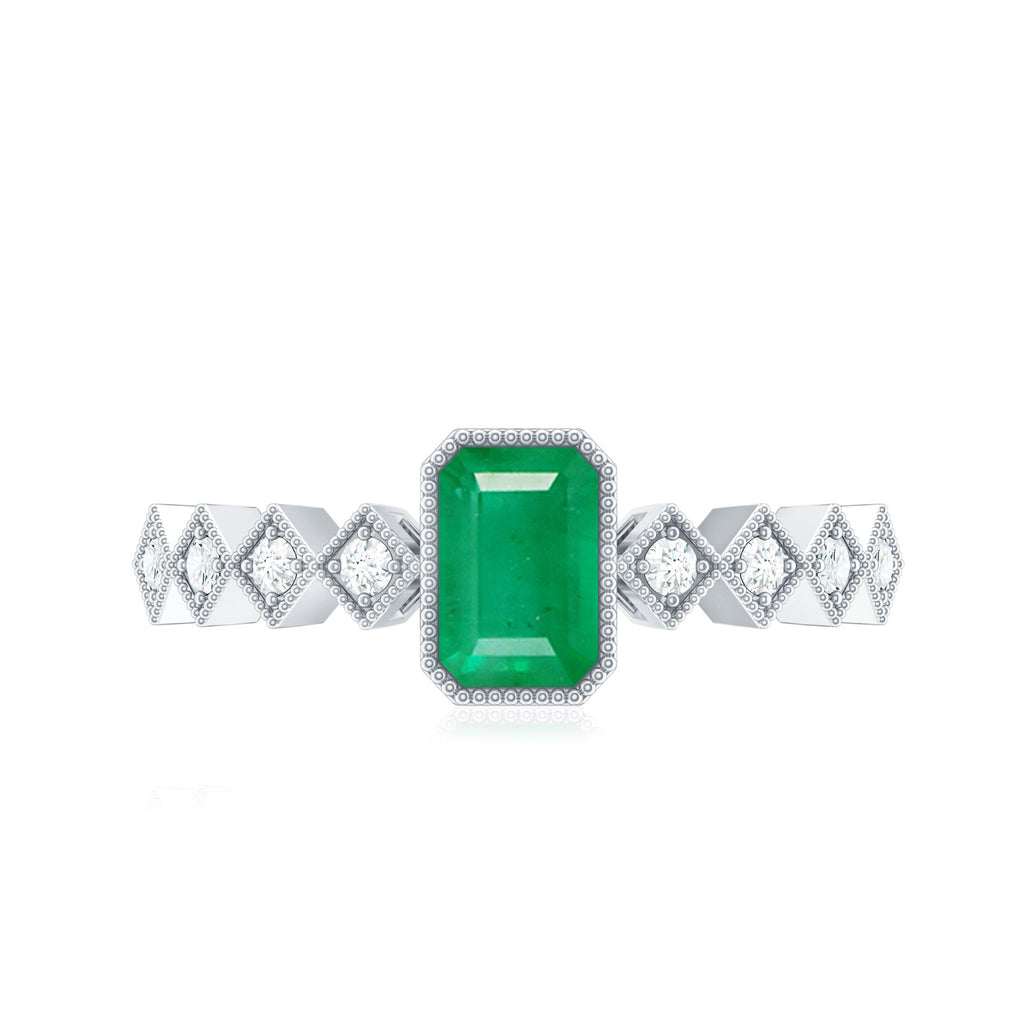 Vintage Looking Emerald Cut Emerald Engagement Ring with Diamond