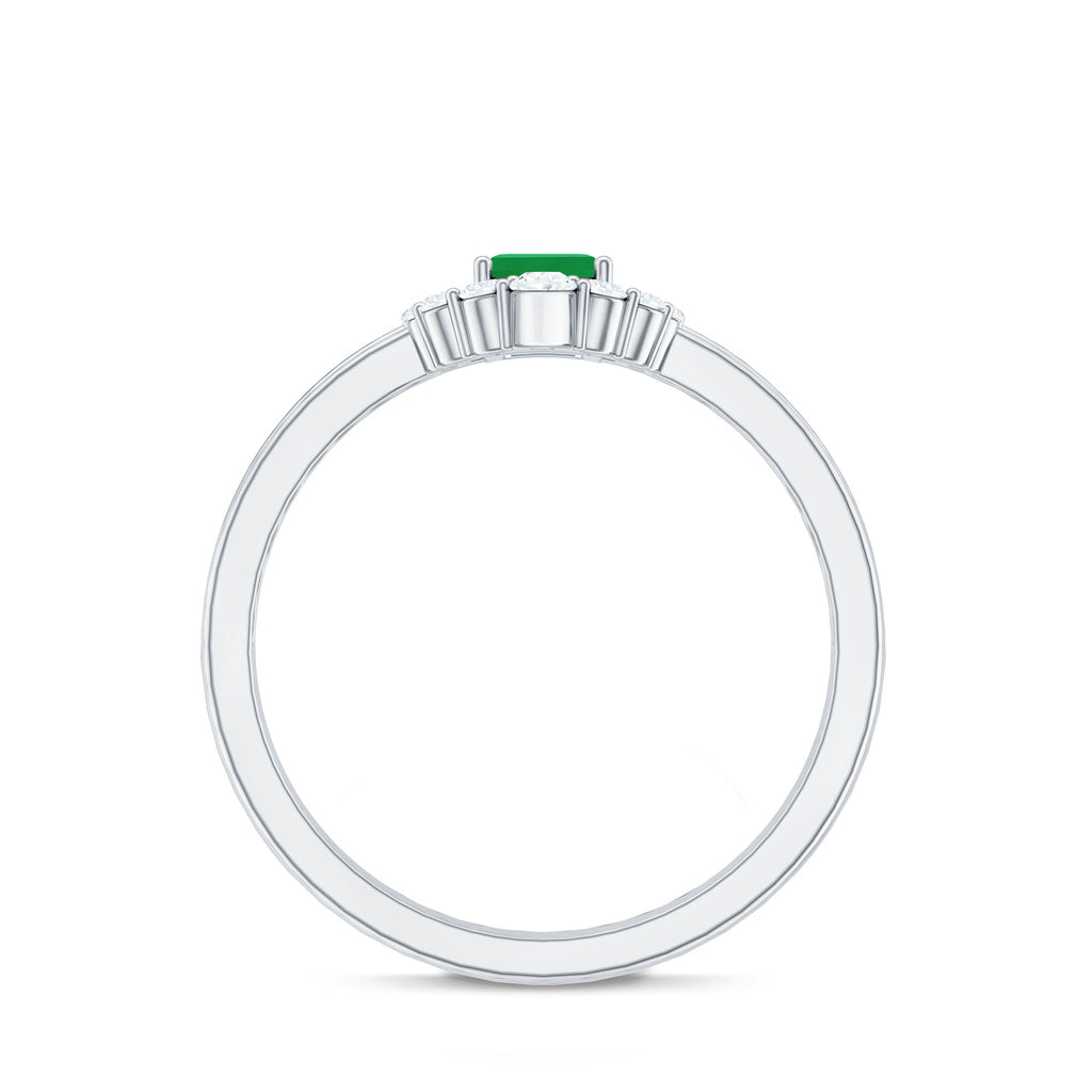 Natural Emerald Cut Emerald Double Band Engagement Ring with Diamond