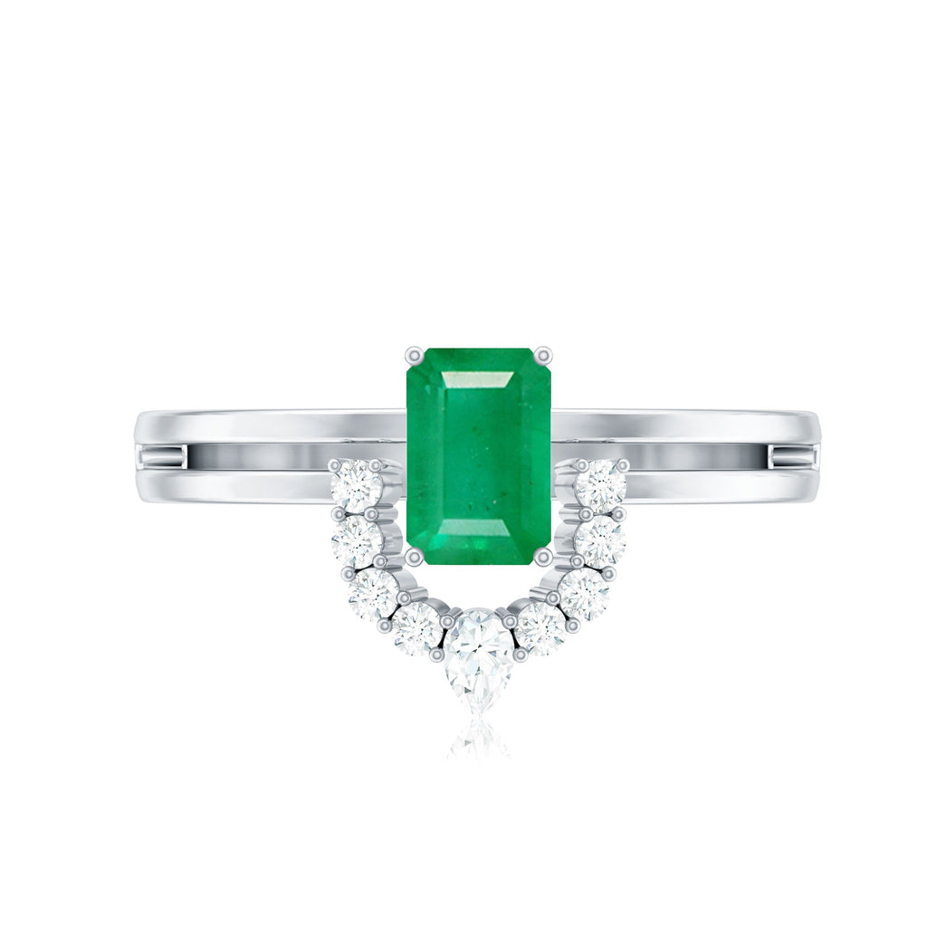 Natural Emerald Cut Emerald Double Band Engagement Ring with Diamond