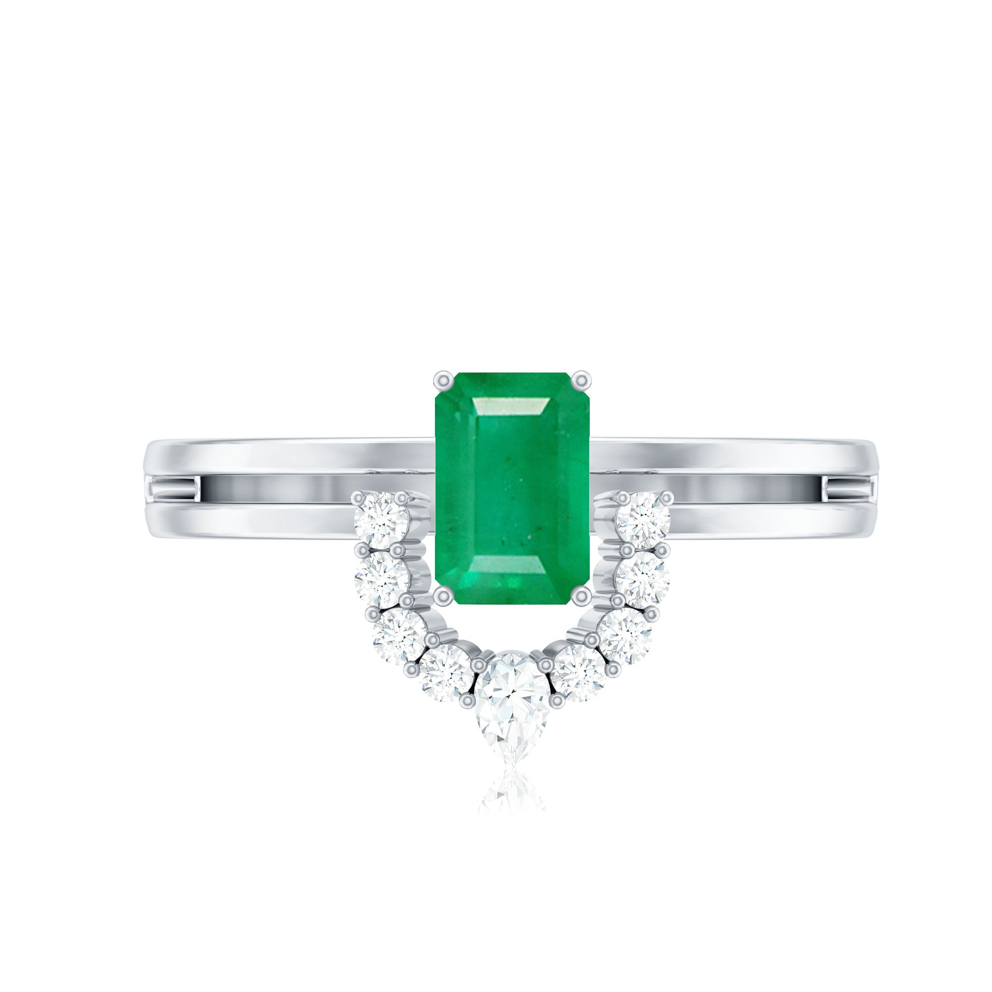 Natural Emerald Cut Emerald Double Band Engagement Ring with Diamond