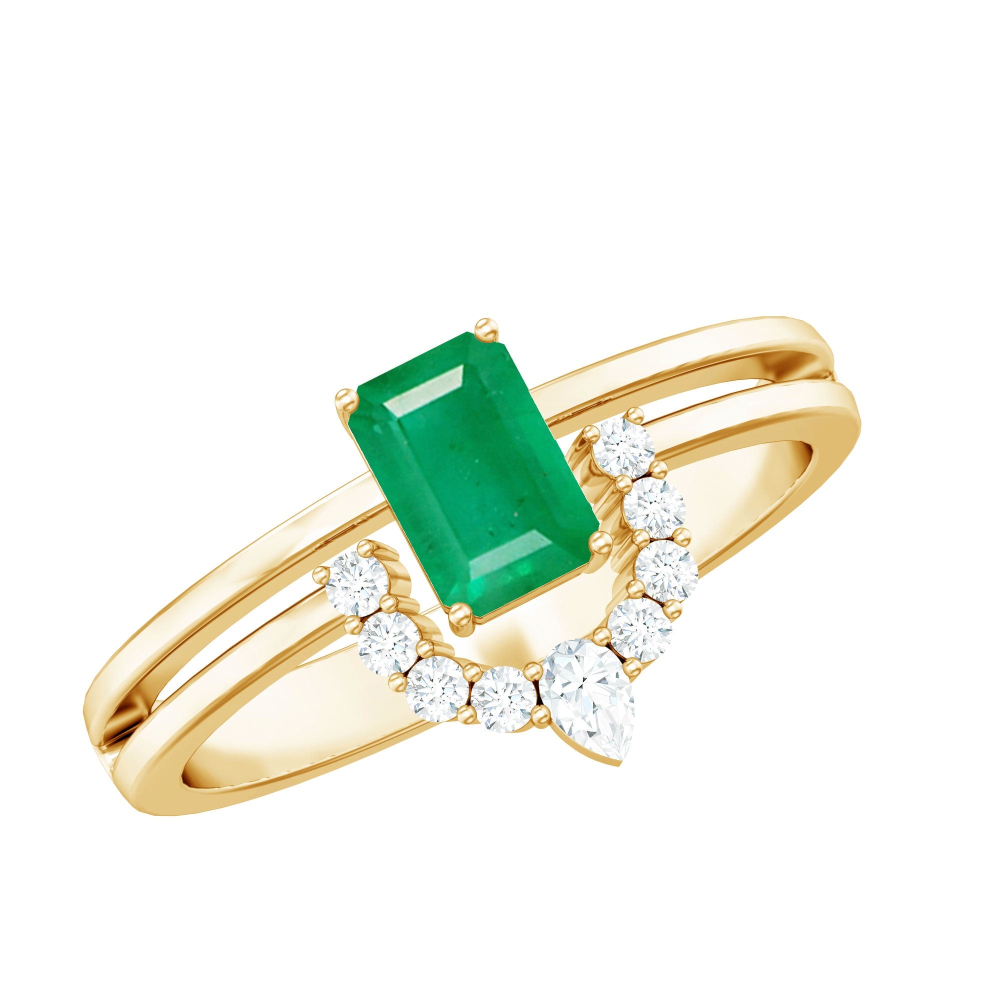 Natural Emerald Cut Emerald Double Band Engagement Ring with Diamond | Rings | Wiccan Center