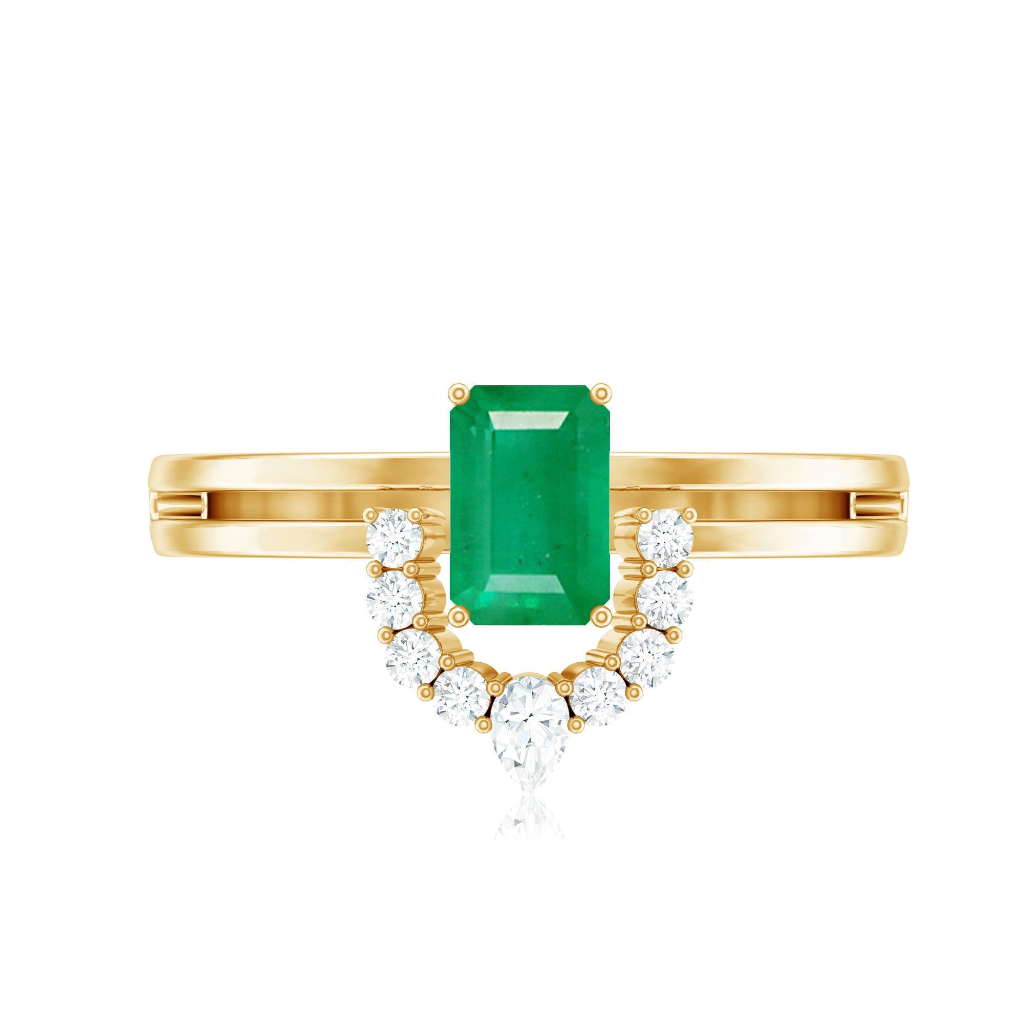 Natural Emerald Cut Emerald Double Band Engagement Ring with Diamond
