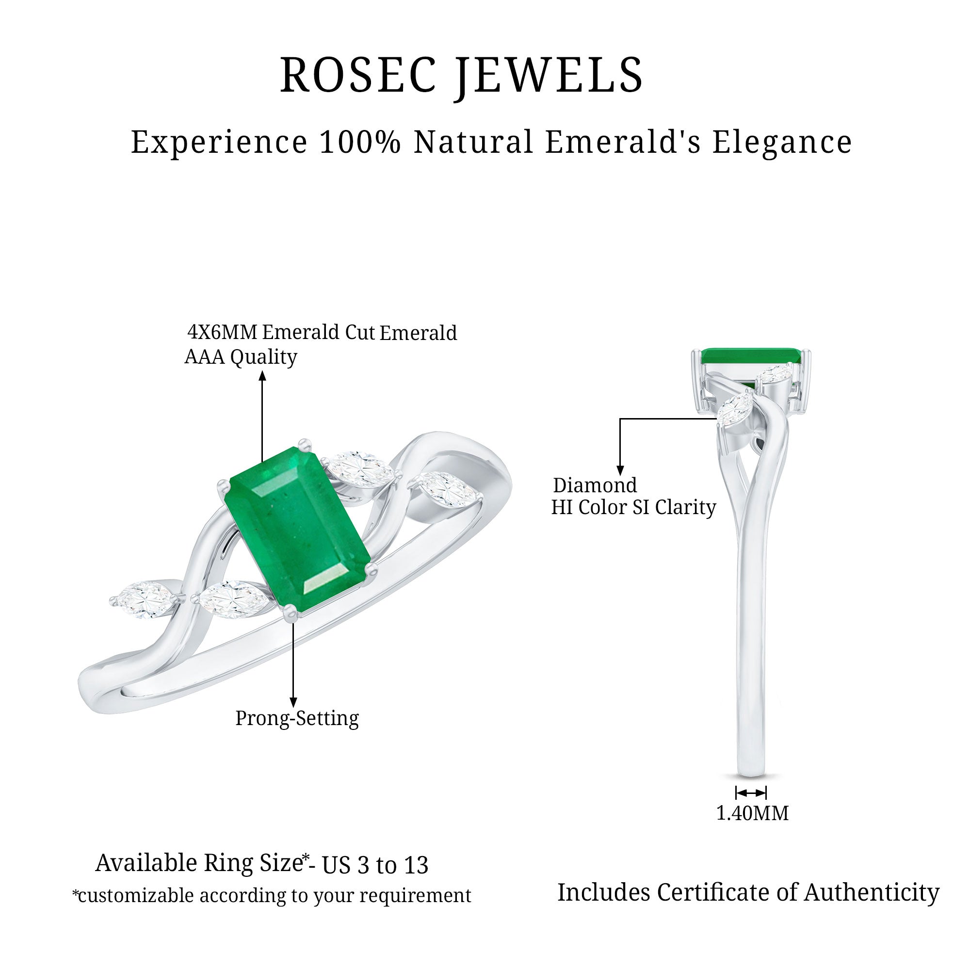 Natural Emerald Cut Emerald Designer Engagement Ring with Diamond