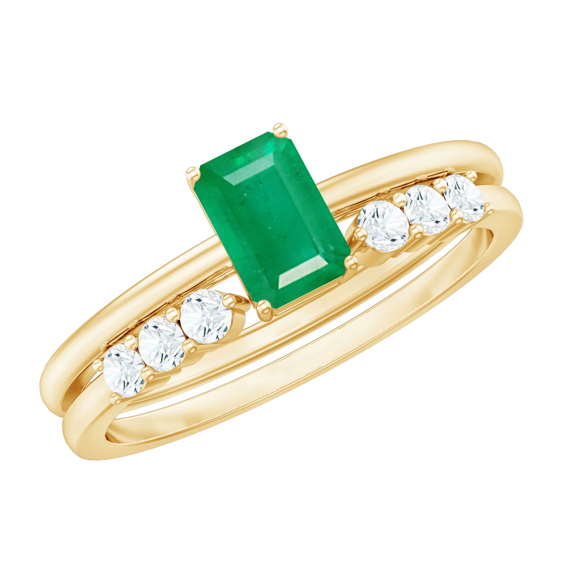 Natural 0.6 Carat Emerald Cut Emerald Diamond Engagement Wedding Ring Set of 2 | Rings | Wiccan Center