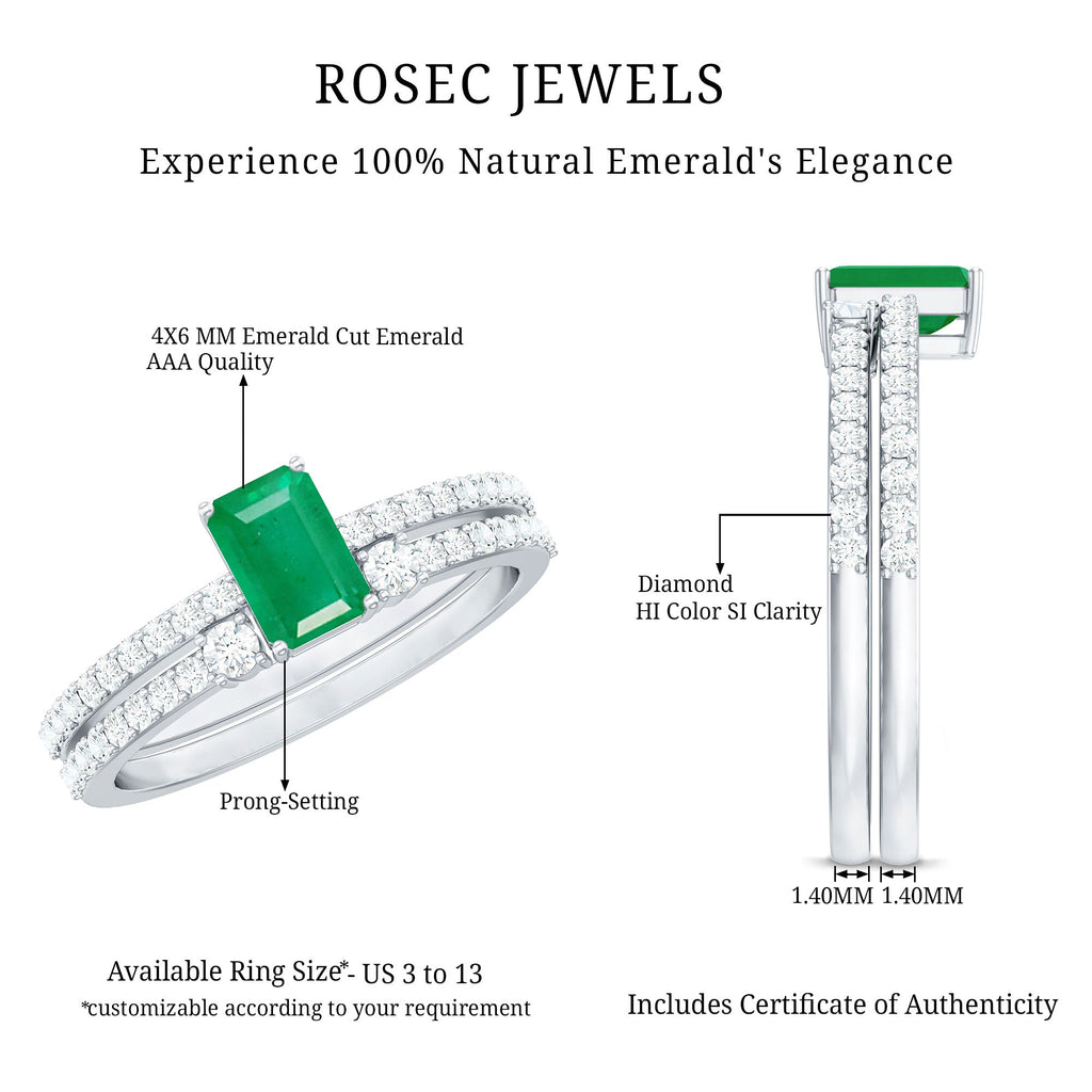 Genuine Emerald Diamond Emerald Cut Engagement Ring and Wedding Band Set