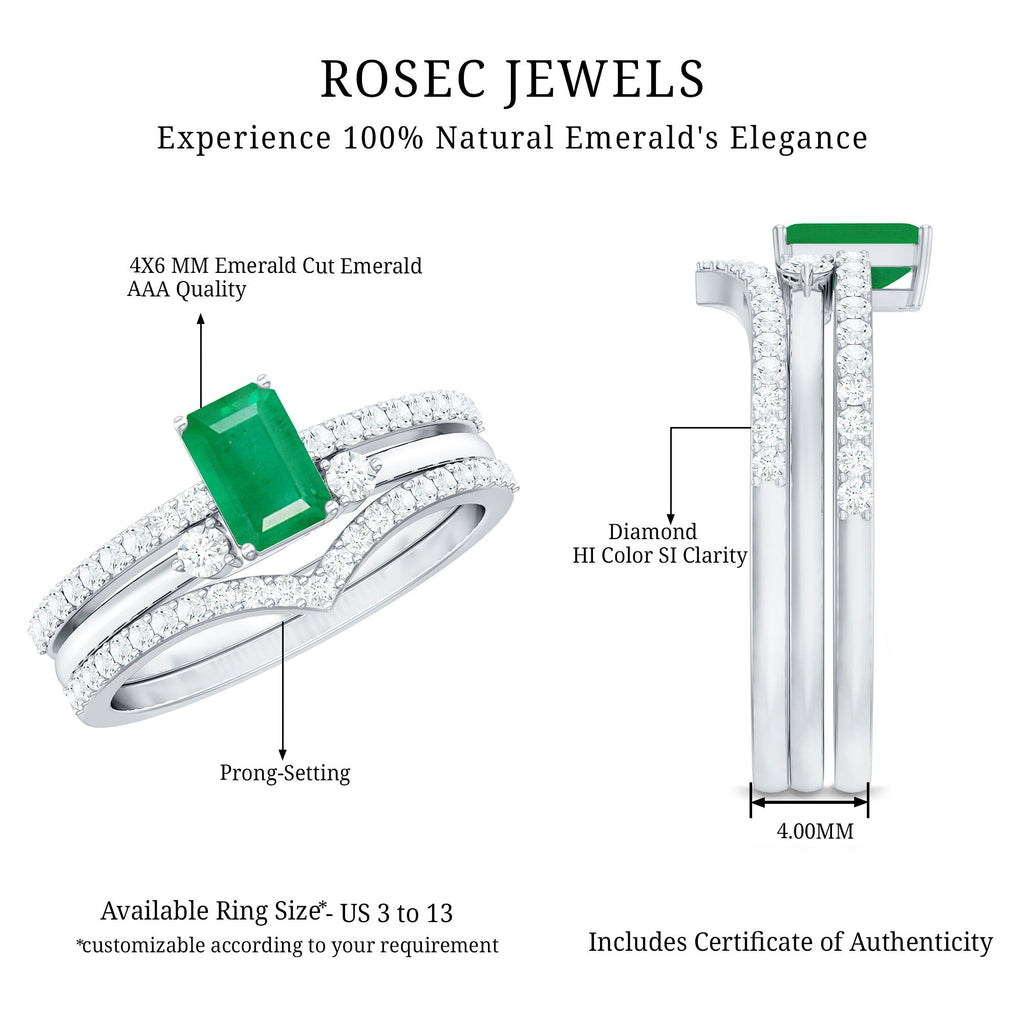 0.6 Carat Natural Emerald Cut Emerald Diamond 3 Piece Bridal Ring Set