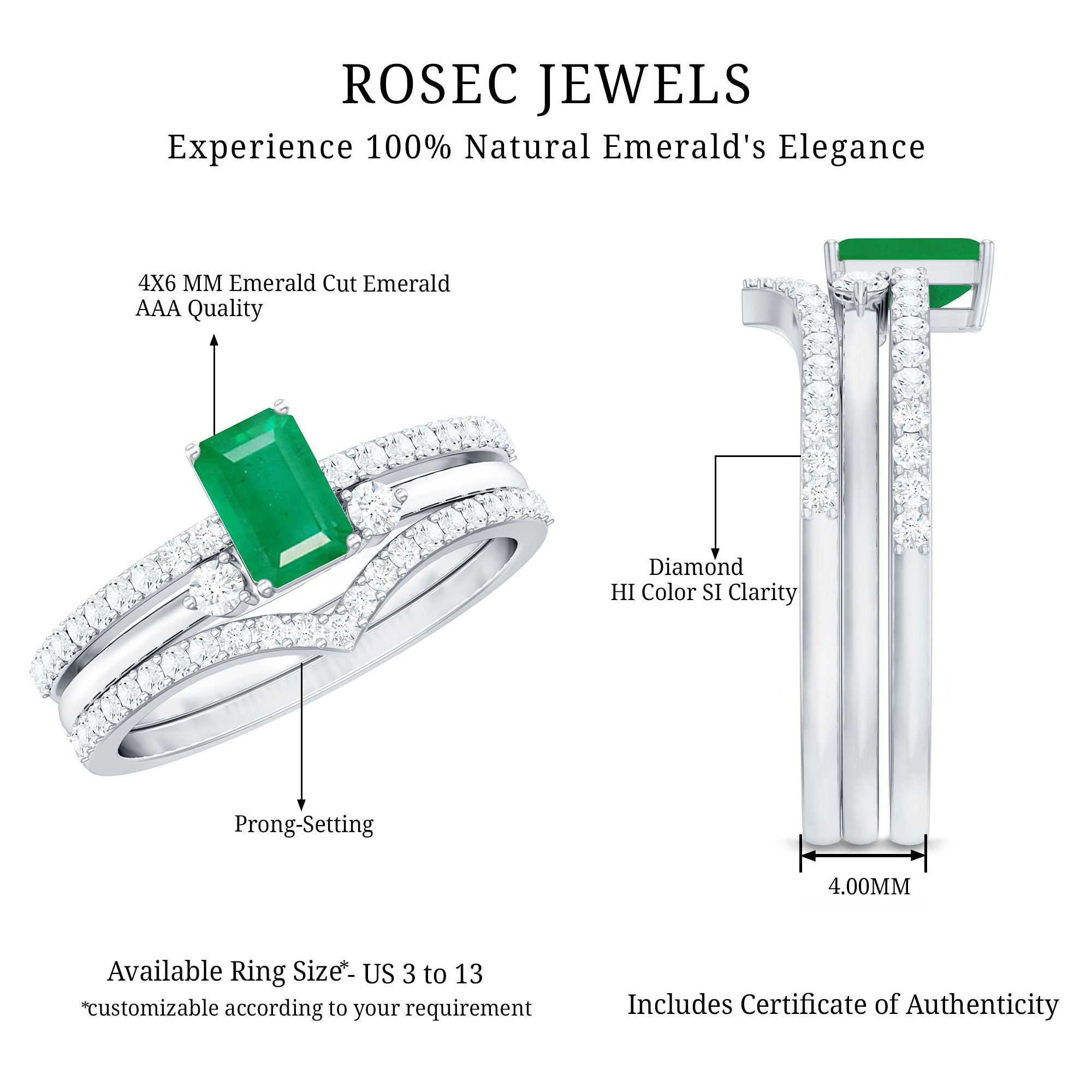 0.6 Carat Natural Emerald Cut Emerald Diamond 3 Piece Bridal Ring Set