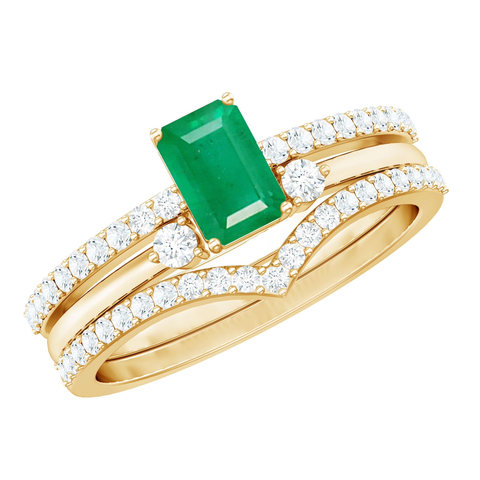 0.6 Carat Natural Emerald Cut Emerald Diamond 3 Piece Bridal Ring Set | Rings | Wiccan Center