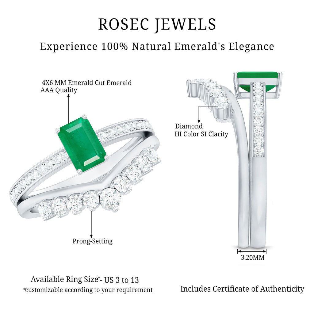 Natural Emerald Diamond Emerald Cut Engagement Ring with Curved Wedding Band