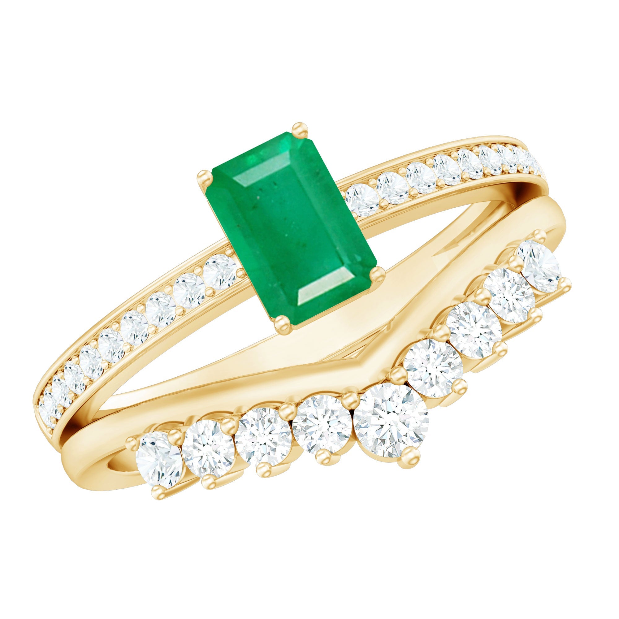 Natural Emerald Diamond Emerald Cut Engagement Ring with Curved Wedding Band | Rings | Wiccan Center