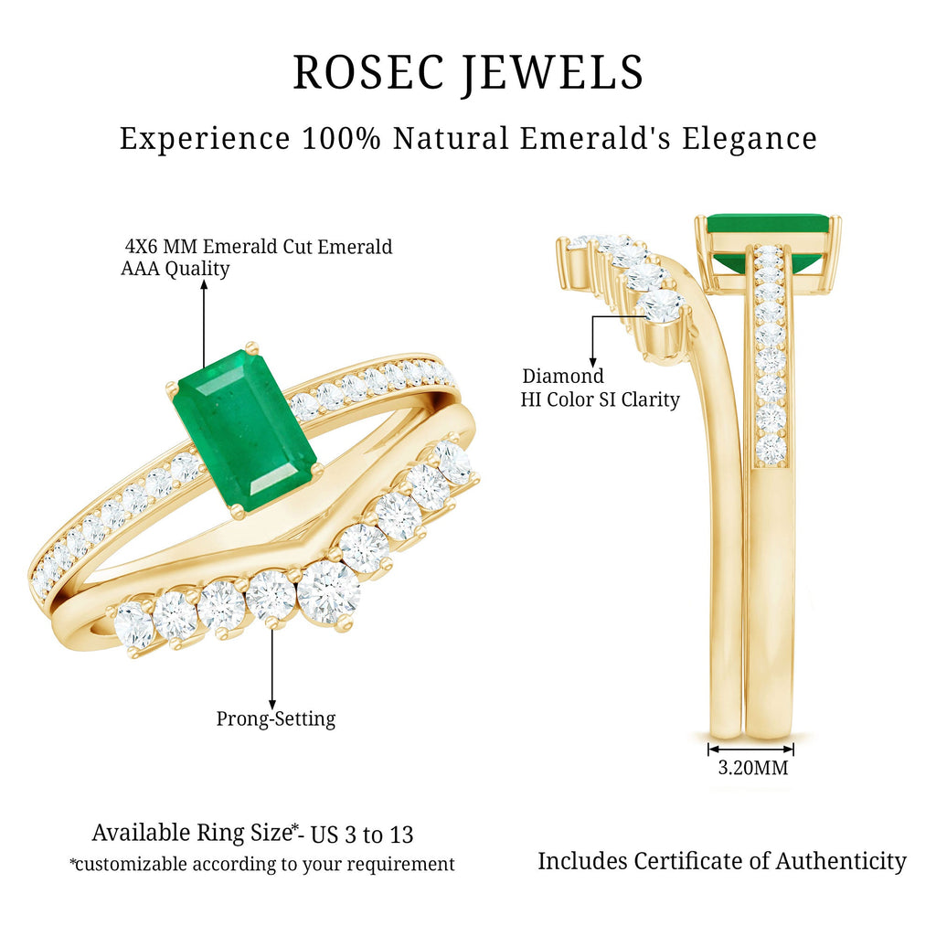 Natural Emerald Diamond Emerald Cut Engagement Ring with Curved Wedding Band