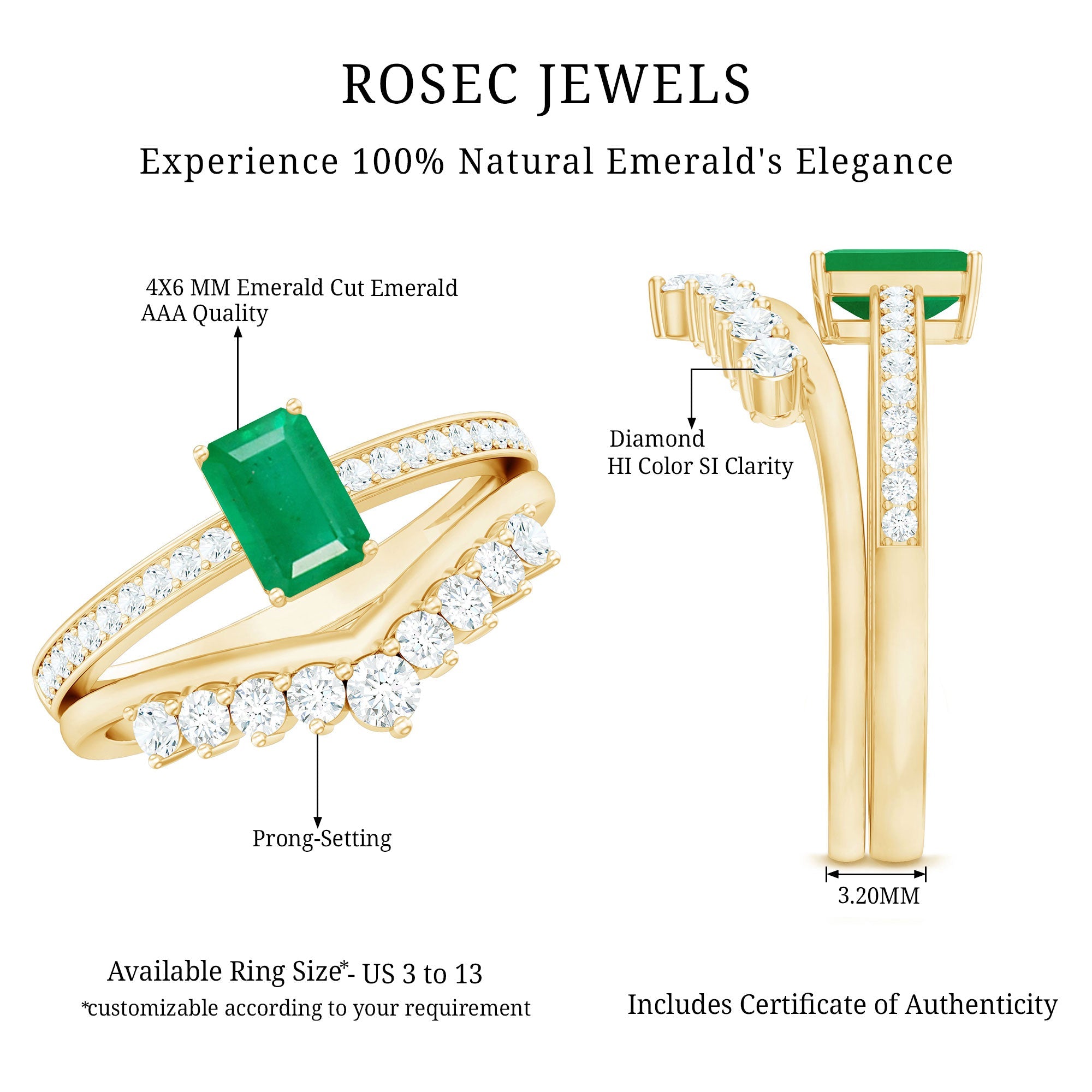 Natural Emerald Diamond Emerald Cut Engagement Ring with Curved Wedding Band