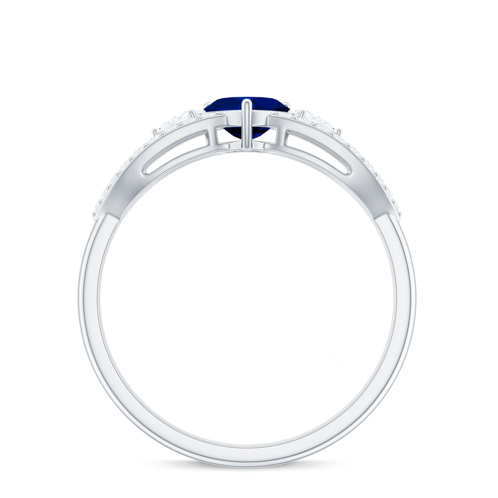 Real 0.6 Carat Blue Sapphire and Diamond Heart Promise Ring with Split Shank