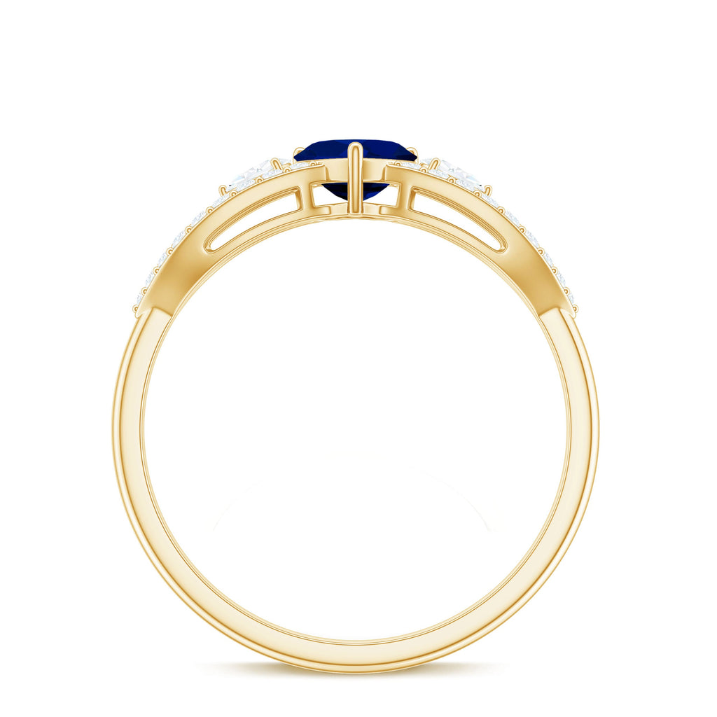 Real 0.6 Carat Blue Sapphire and Diamond Heart Promise Ring with Split Shank
