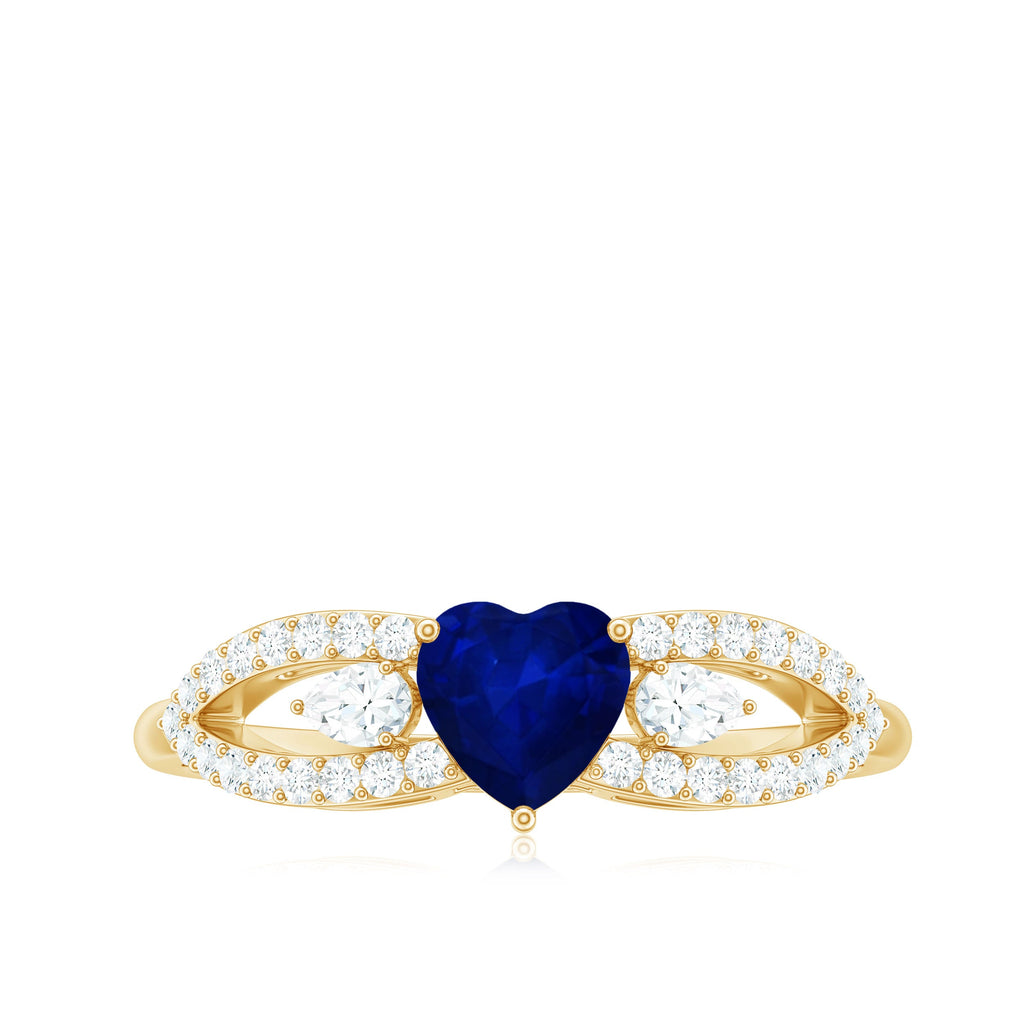 Real 0.6 Carat Blue Sapphire and Diamond Heart Promise Ring with Split Shank