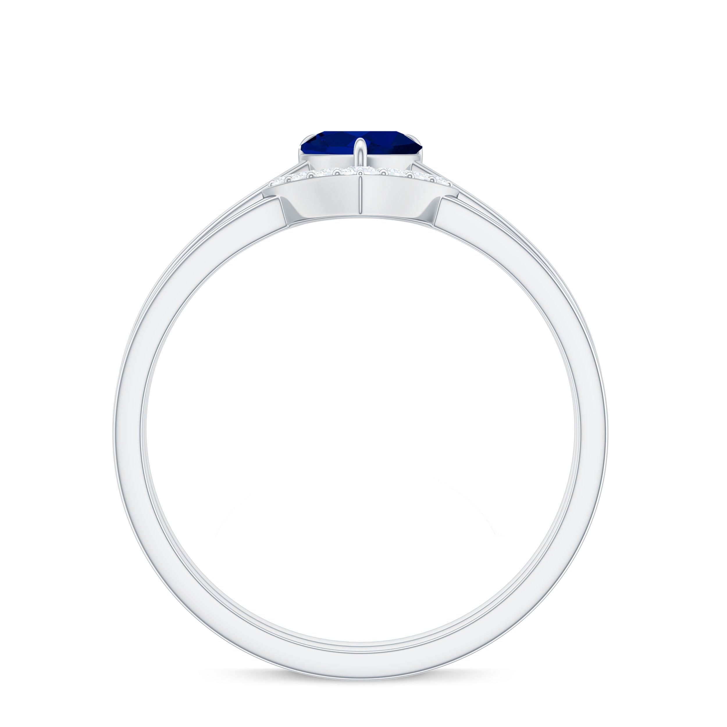 0.6 Carat Heart Shape Blue Sapphire Solitaire Ring Set with Diamond Chevron Band