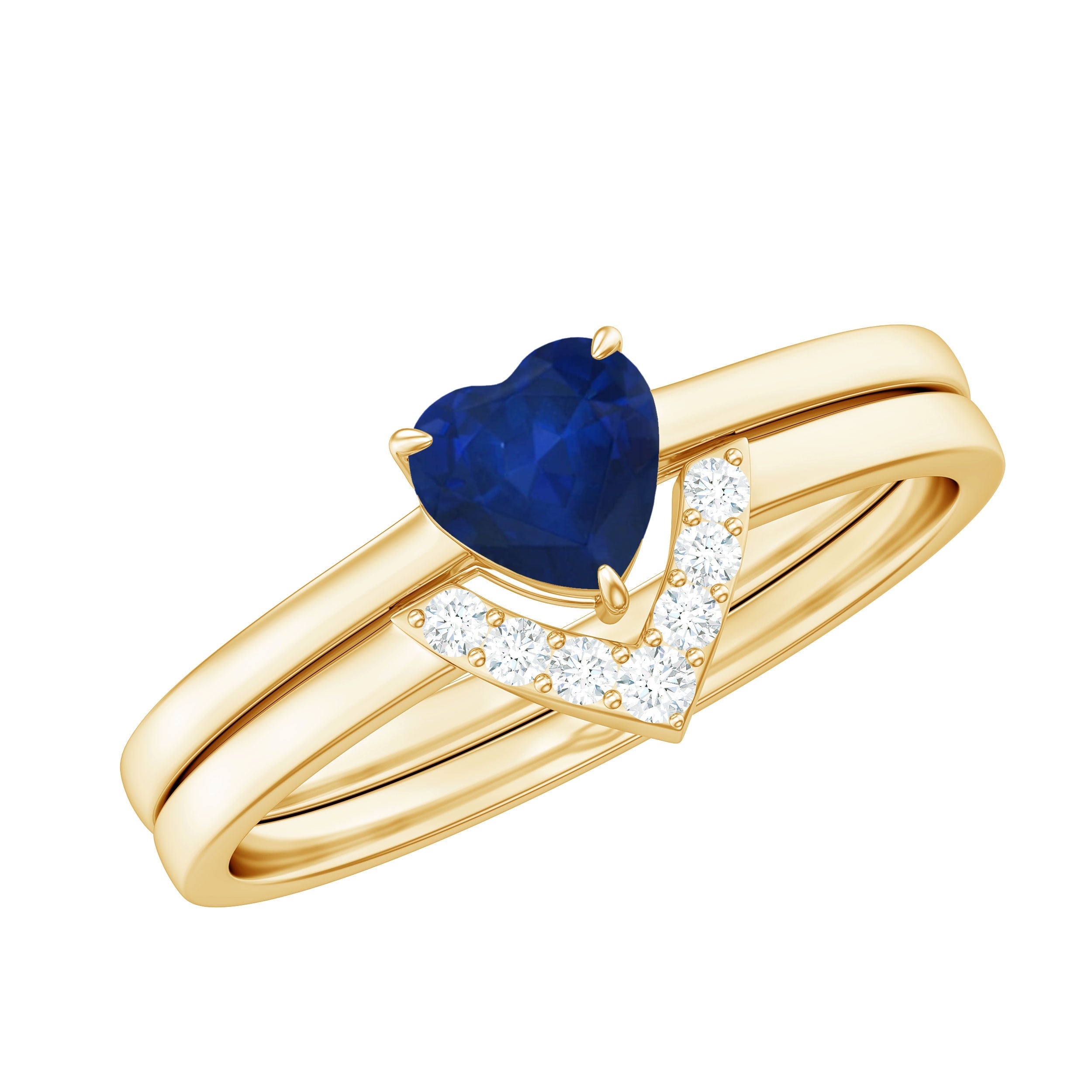 0.6 Carat Heart Shape Blue Sapphire Solitaire Ring Set with Diamond Chevron Band | Rings | Wiccan Center