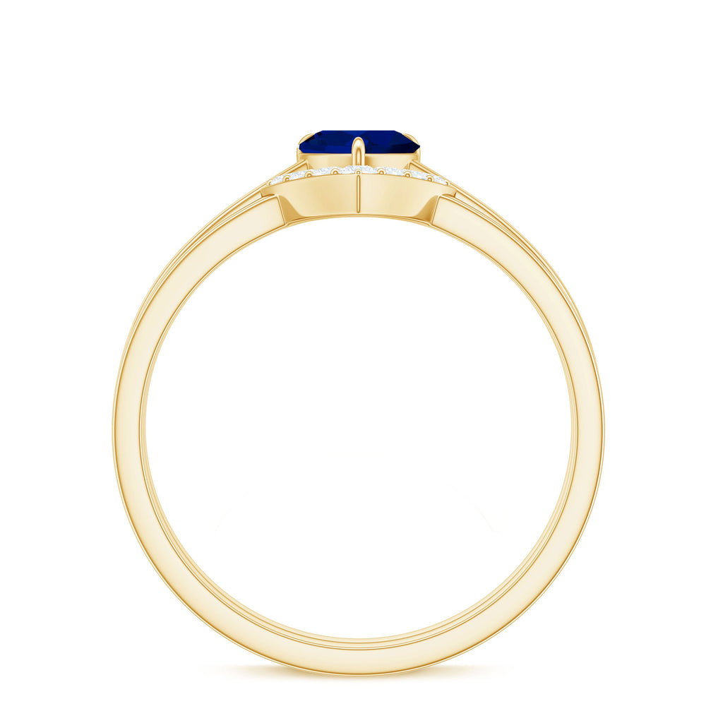 0.6 Carat Heart Shape Blue Sapphire Solitaire Ring Set with Diamond Chevron Band